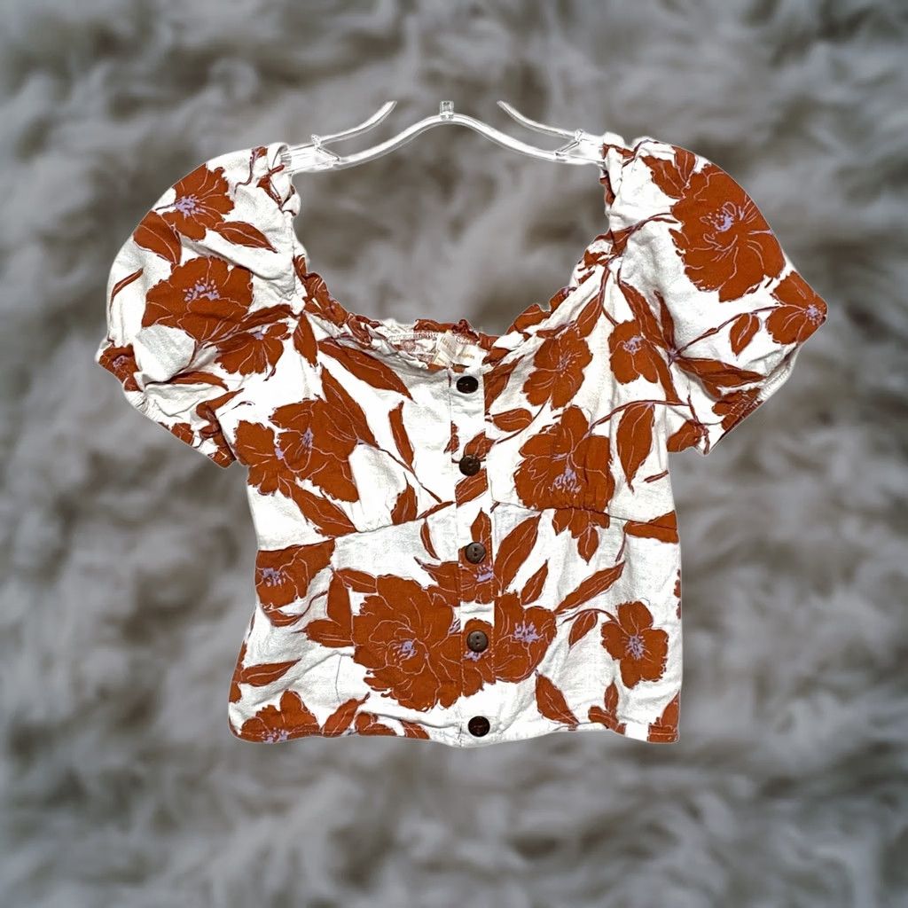 Vintage Monteau Floral Crop Top M Smocked Linen Blend Boho Cottage Milkmaid Country Y2K Size M / US 6-8 / IT 42-44 - 1 Thumbnail