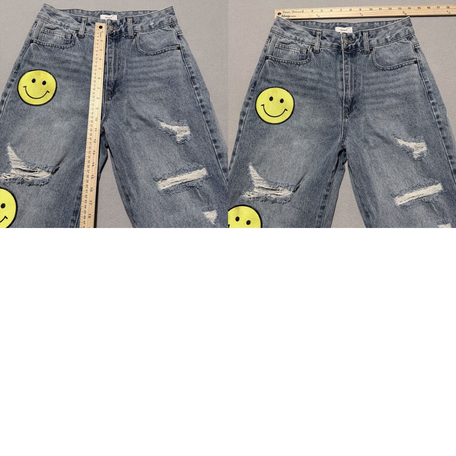 Forever 21 Forever 21 Jeans Women's Blue Denim Distressed Smiley Patch Baggy - 27 Size 27" / US 4 / IT 40 - 9 Thumbnail