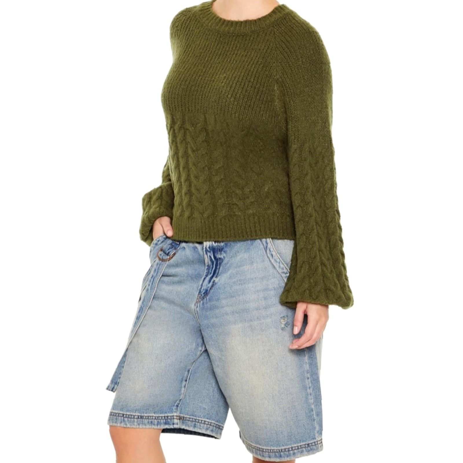 Forever 21 FOREVER 21 Women’s Sweater NWT Cable Knit Peasant-Sleeve Green Size M - Fall Winter, Casual Pullover, Round Neck, Long Sleeve, Womens Size M / US 6-8 / IT 42-44 - 5 Thumbnail