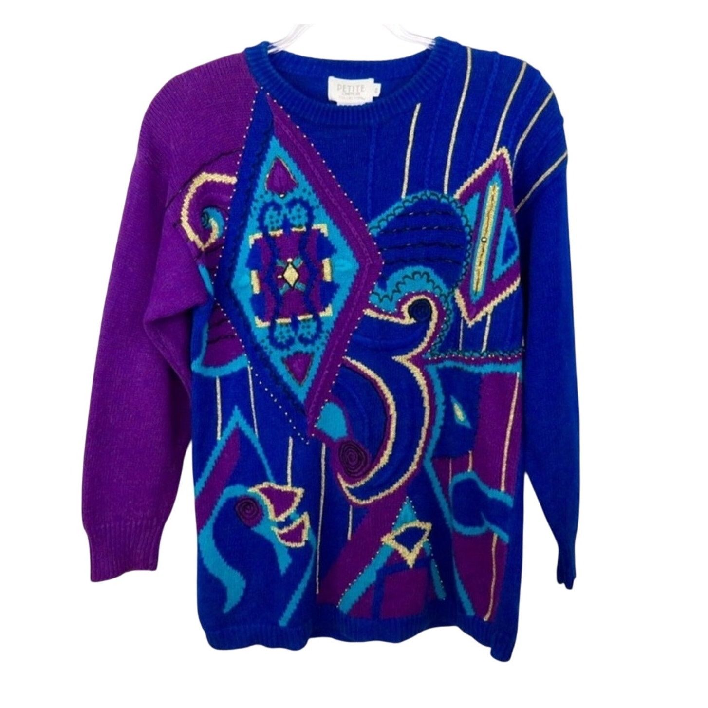 Vintage 1980s Purple Blue Chunky Knit Vintage Abstract Sweater Small Size US S / EU 44-46 / 1 - 3 Thumbnail