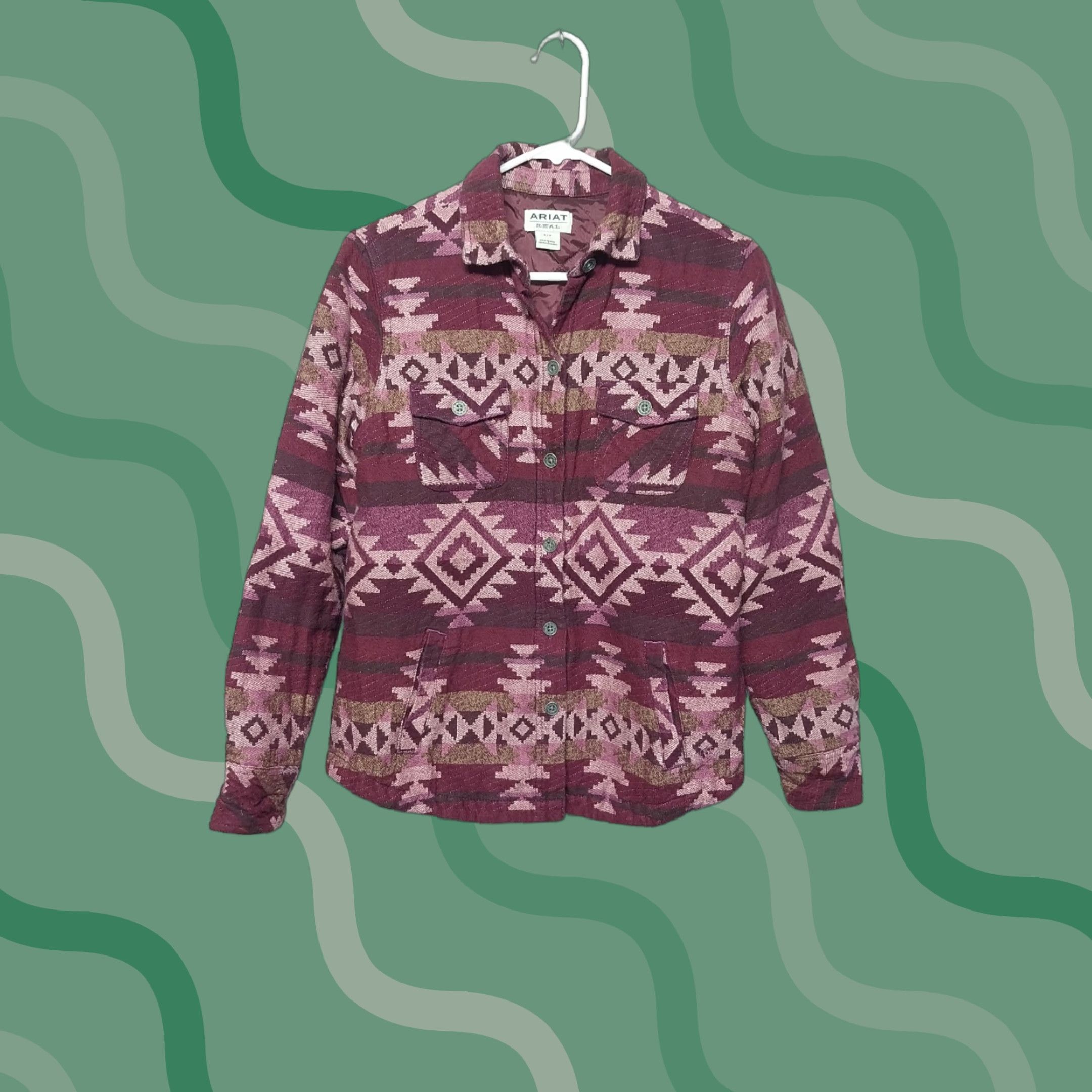Ariat Jacket Women’s S Pink Aztec R.E.A.L Southwestern Print Shacket Geometric All Seasons Lightweight Multicolor Jacket Mens? Wait genders. womens.