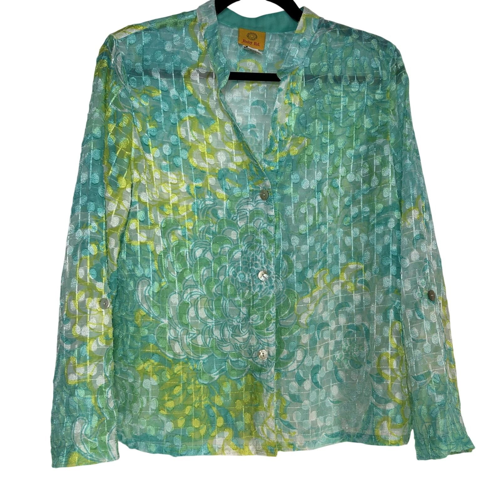 Vintage VTG Ruby Rd Teal Lime Floral Sz 10 Sheer Burnout Whimsygoth Size L / US 10 / IT 46 - 1 Thumbnail