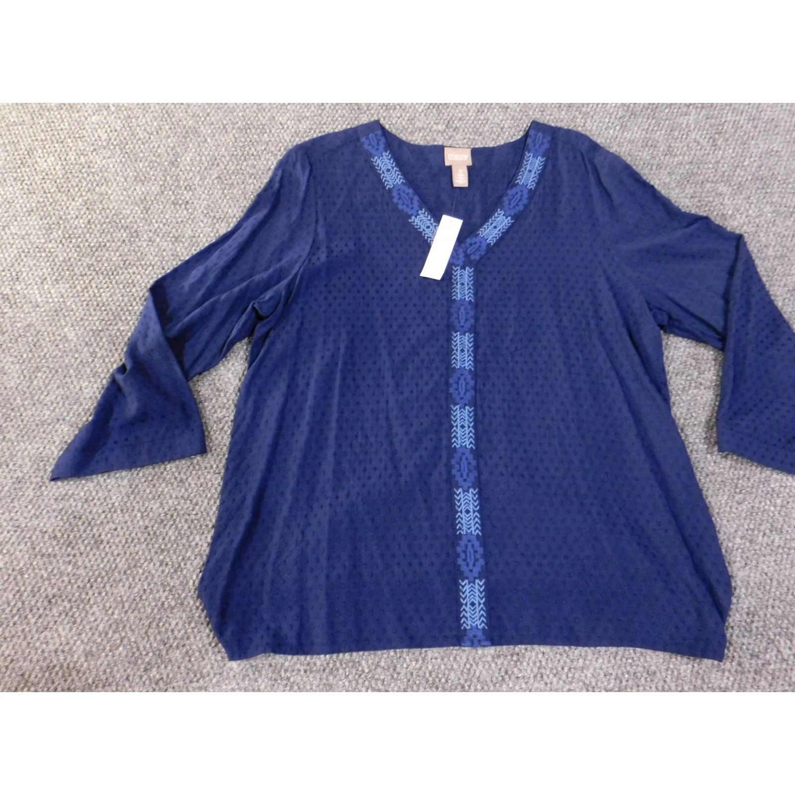 Vintage Chico's Shirt Womens 2 Midnight Blue Bell Sleeve Trimmed Popover 3/4 Sleeve Size XS / US 0-2 / IT 36-38 - 3 Thumbnail