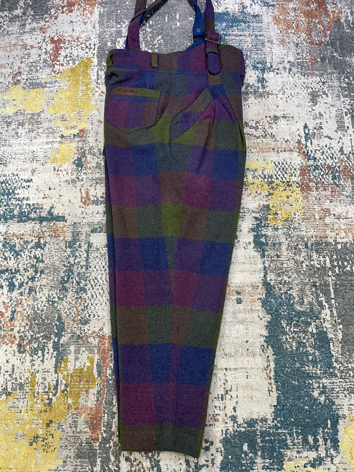 Japanese Brand Vintage Boho Patchwork Plaid Wide Leg Wool Dungaree Size US 30 / EU 46 - 4 Thumbnail
