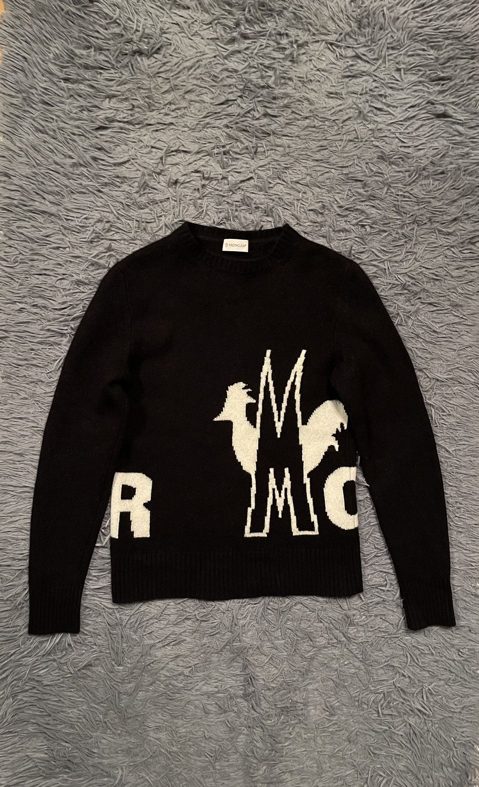 image of Designer Moncler Huge Logo Cashmere + Wool Sweater in Black, Women's (Size Small)