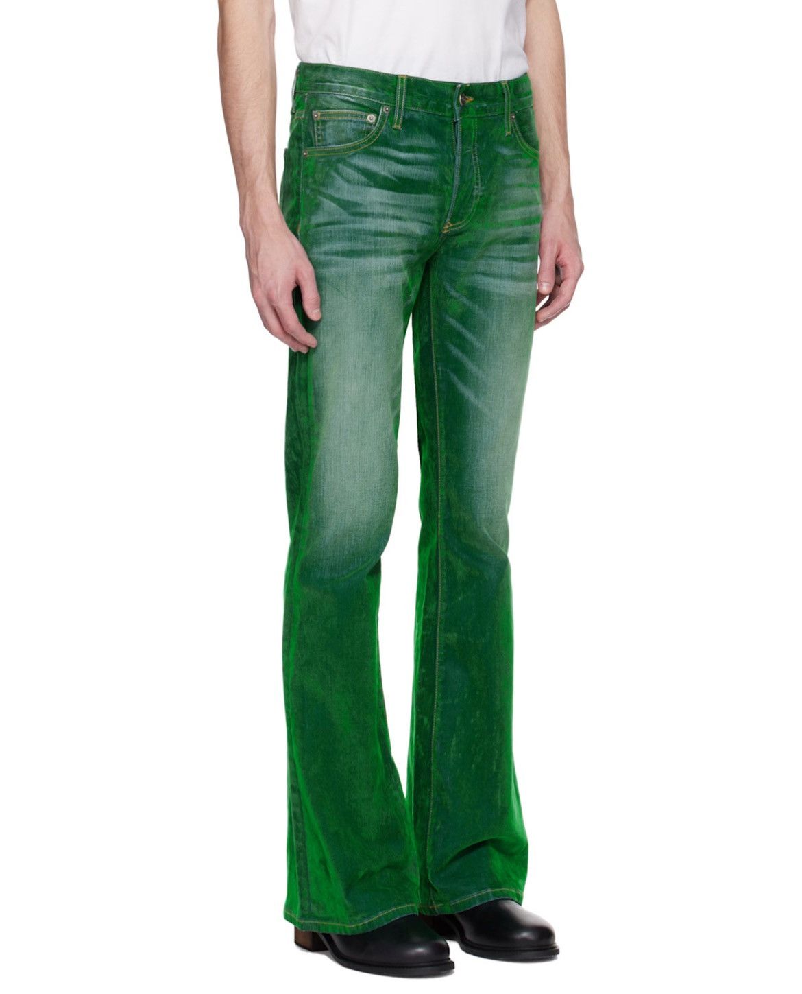 Cout de la Liberte COUT DE LA LIBERTÉ: Green Jimm y Stretch Suede Flare Jeans Size US 30 / EU 46 - 2 Thumbnail