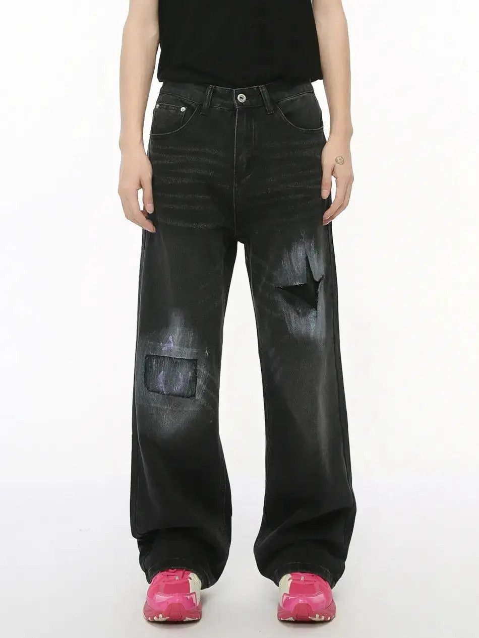 Japanese Brand Retro loose straight black ripped jeans Size US 32 / EU 48 - 3 Thumbnail