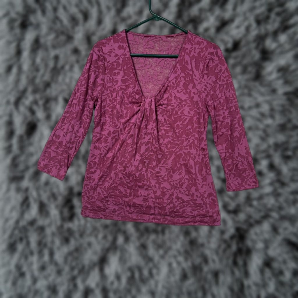 Velvet VINTAGE Purple Floral Jersey Blouse S 3/4 Sleeve V-Neck Pleated Knit Women Adjusted Fit Casual Fall Spring Mens Womens Girls Bays? Size S / US 4 / IT 40 - 1 Thumbnail