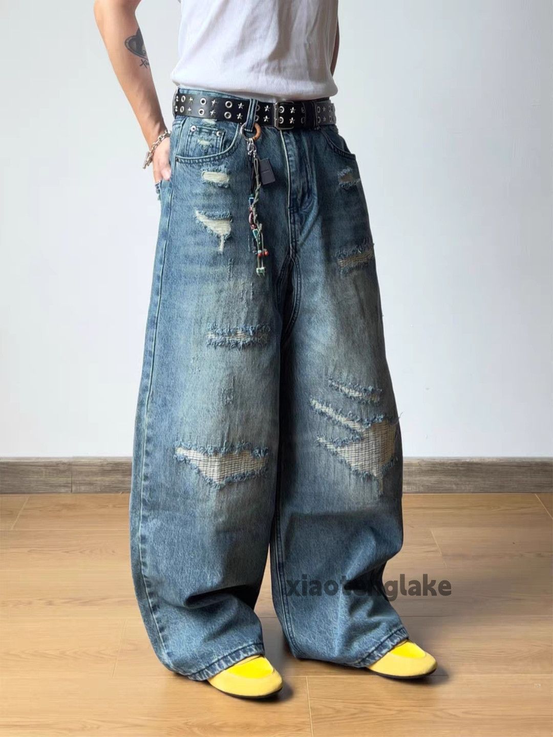 Jean xtl vintage washed faded loose punk ripped damaged jeans Size US 30 / EU 46 - 1 Thumbnail