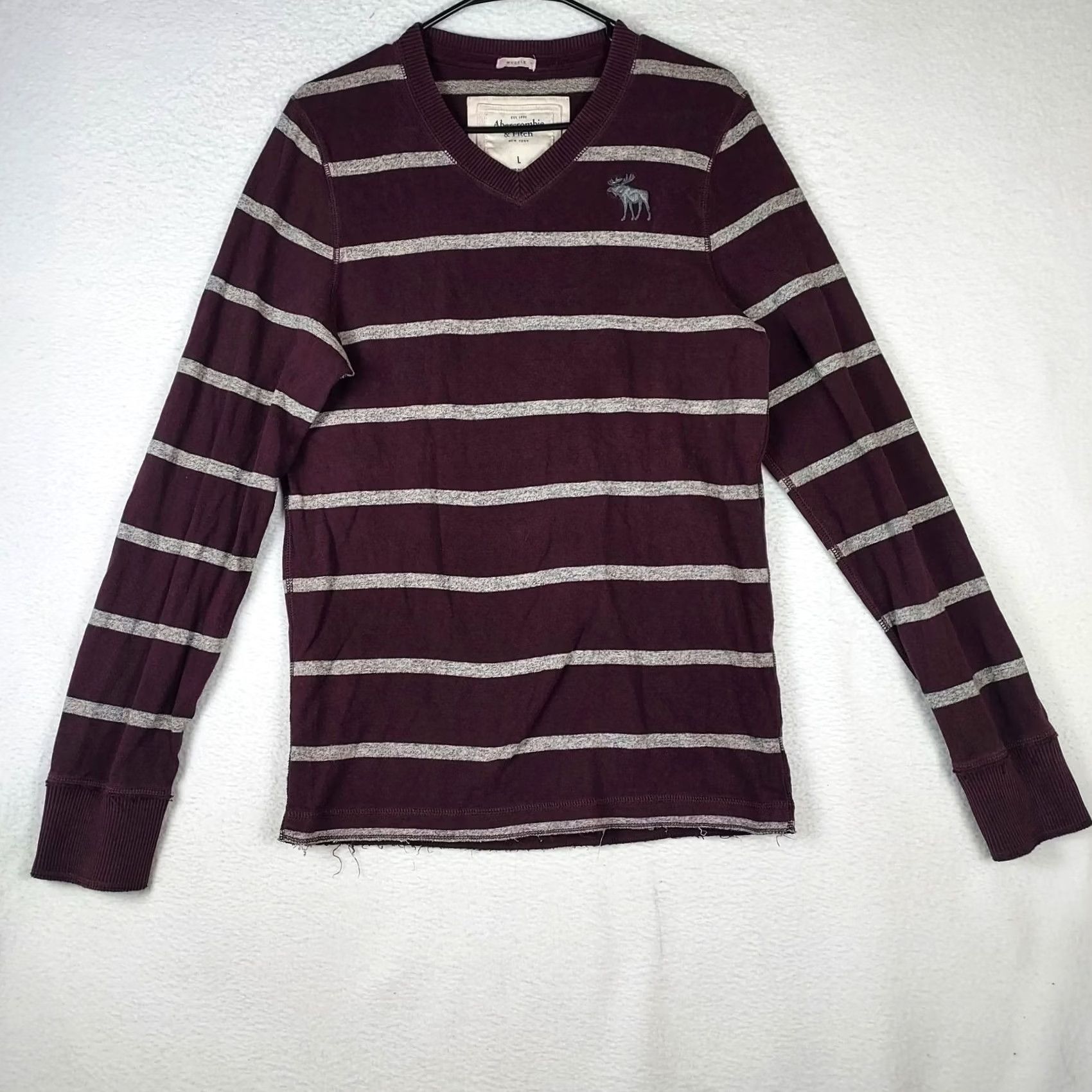 Abercrombie & Fitch Abercrombie & Fitch Men’s L Muscle Fit Long Sleeve Cotton Stripe Tee Maroon Gray Shirt Mens Regular Crew Neck Logo Knit Vintage No Size US L / EU 52-54 / 3 - 2 Thumbnail