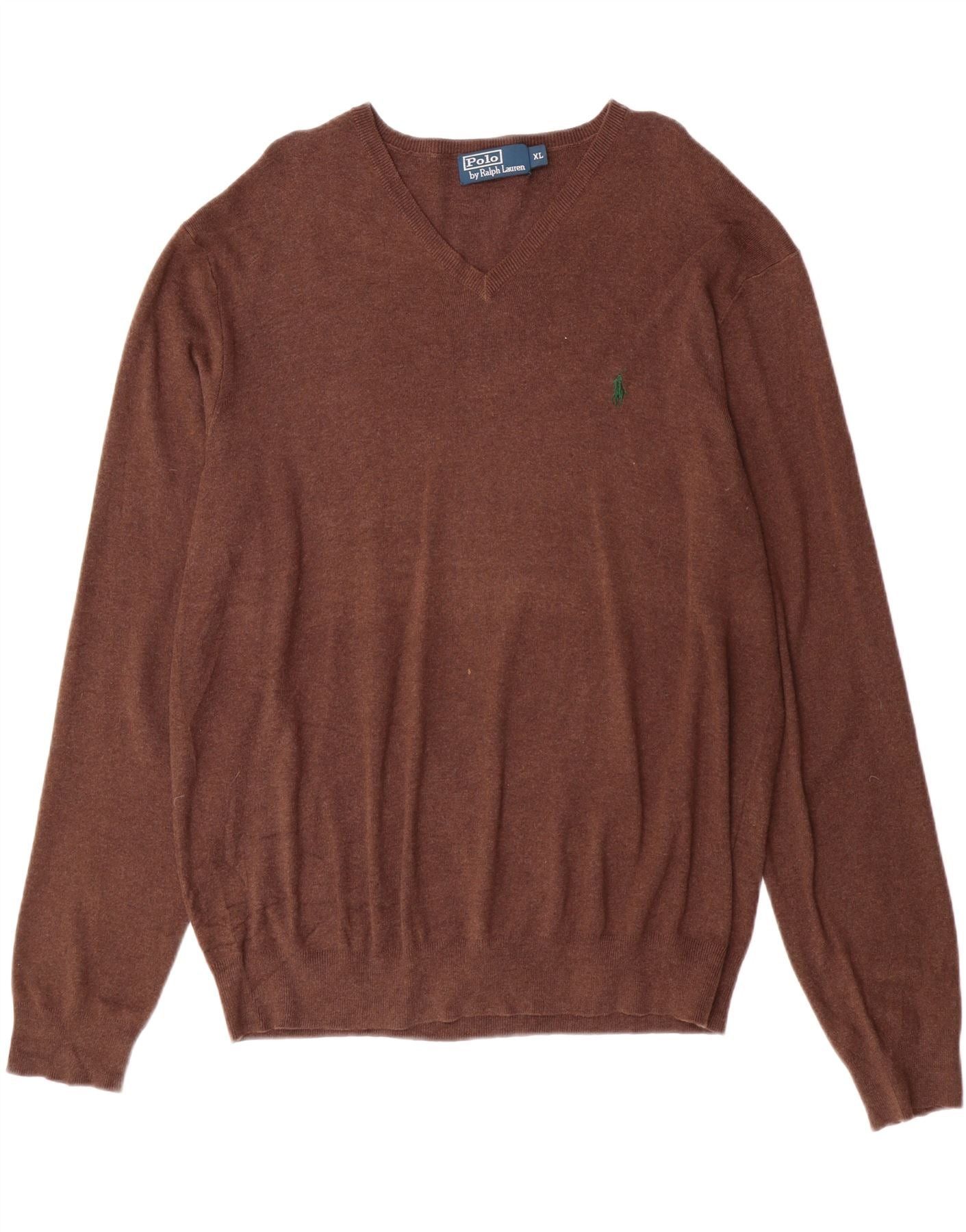 Polo Ralph Lauren Mens V-Neck Jumper Sweater XL Brown Cotton Size US XXL / EU 58 / 5 - 1 Thumbnail