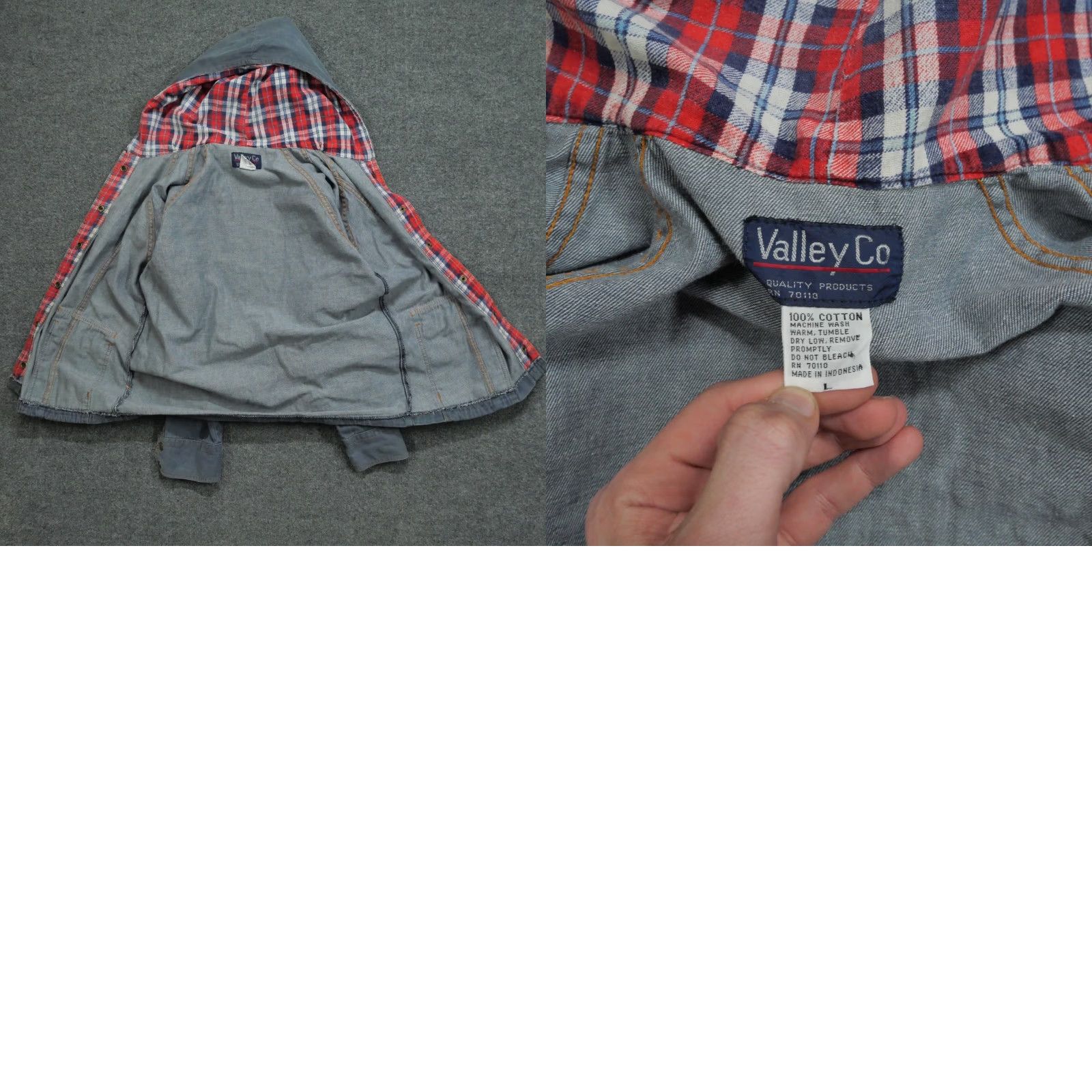 CO VINTAGE Valley Co Jean Jacket Womens L Blue Denim Hooded Plaid 80s Size 36" / US 14 / IT 50 - 9 Thumbnail