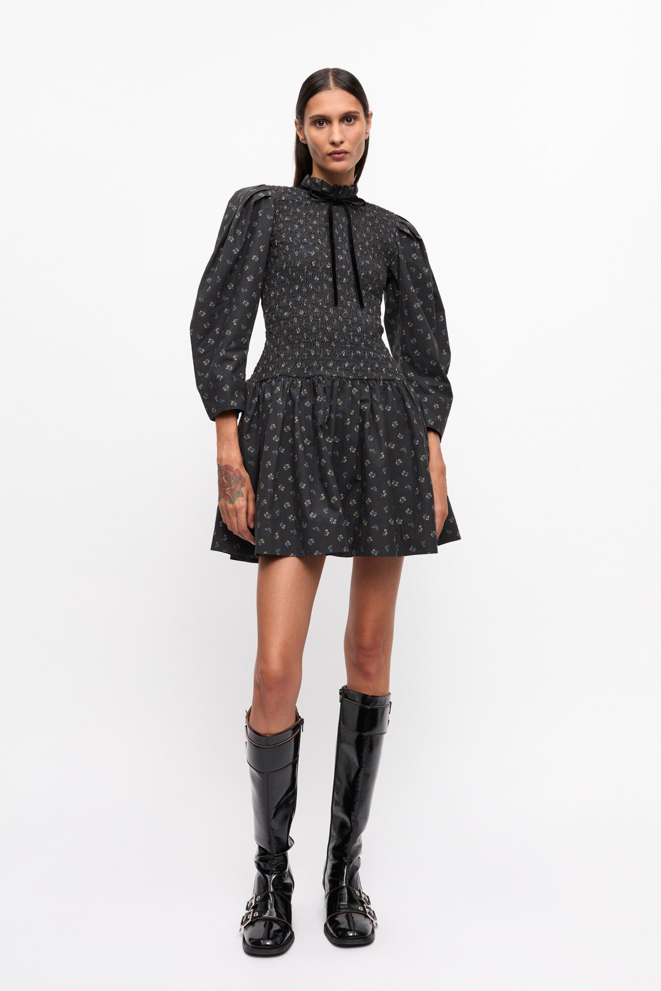 Ganni o1s22i1n0525 Printed Cotton Smock Mini Dress in Dark Grey Size XS / US 0-2 / IT 36-38 - 3 Thumbnail