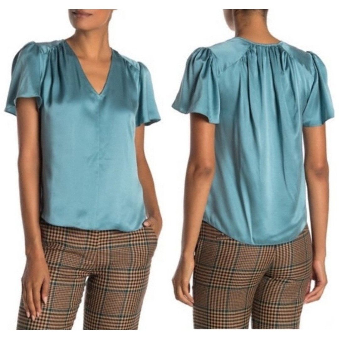Rebecca Taylor Rebecca Taylor Light Teal Blue Short Sleeve Silk Top V Neck Size M / US 6-8 / IT 42-44 - 1 Thumbnail