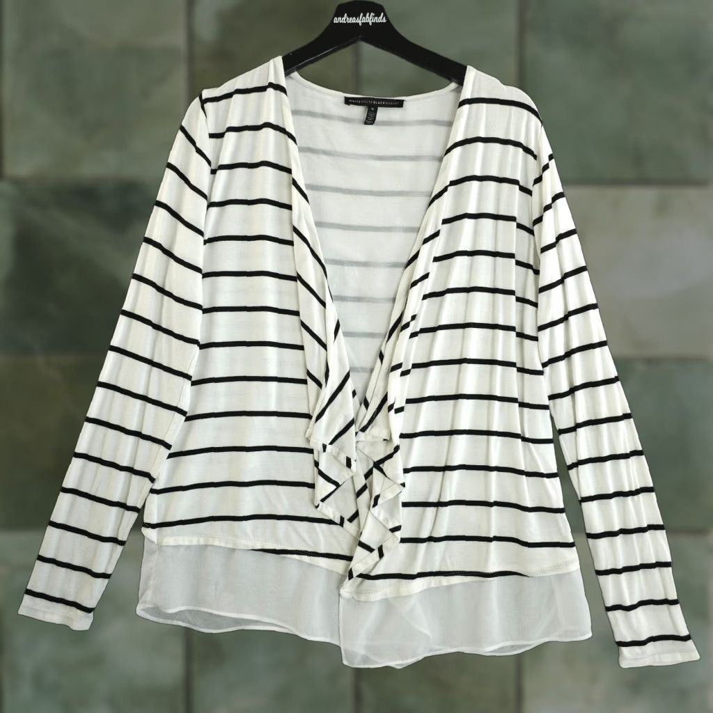 White House Black Market White House Black Market Cardigan M White Black Striped Sheer Hem Waterfall Top Size M / US 6-8 / IT 42-44 - 1 Thumbnail