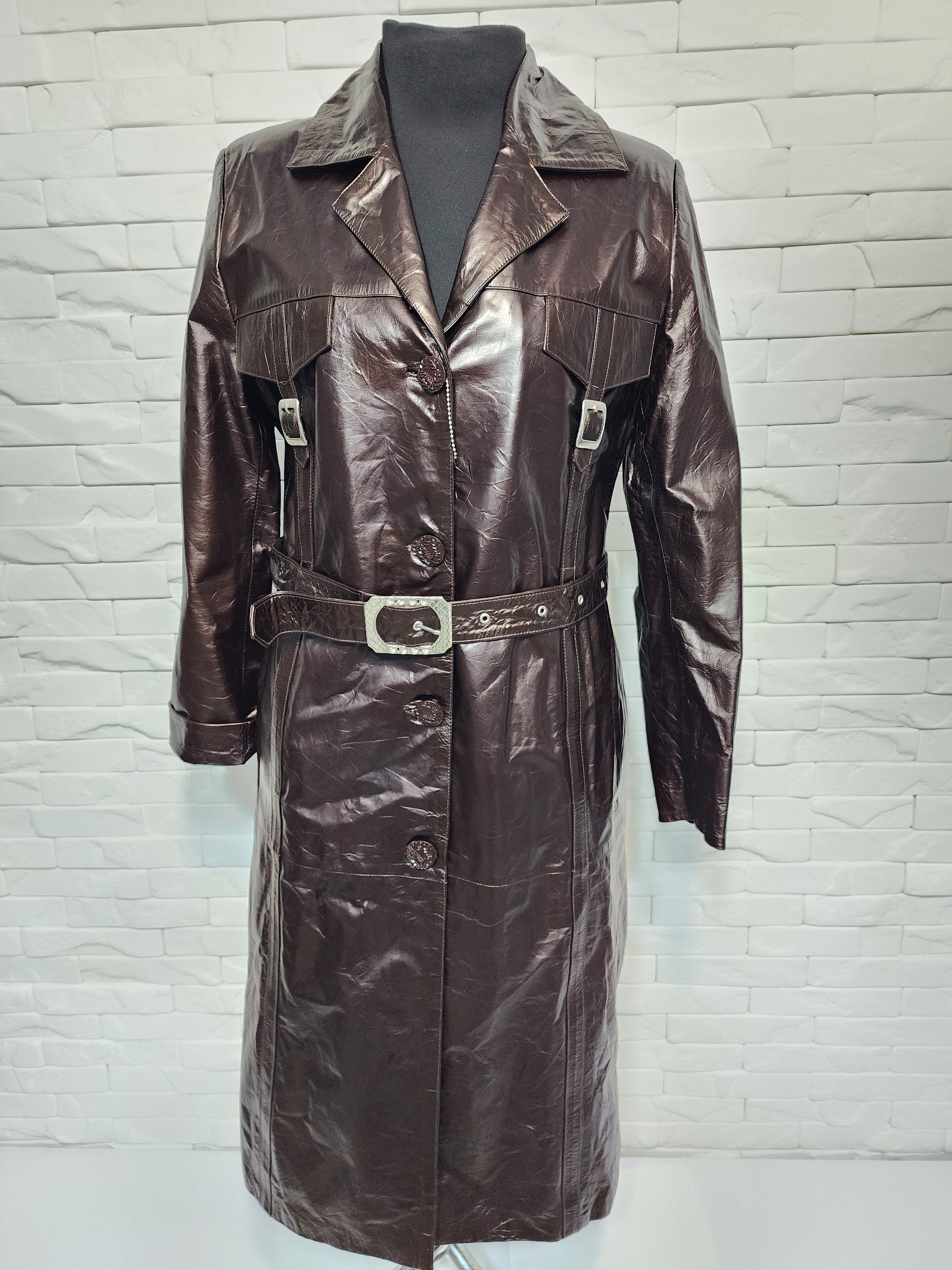 Genuine Leather Brown Patent Leather Coat: Belted Coat. Size L / US 10 / IT 46 - 2 Thumbnail