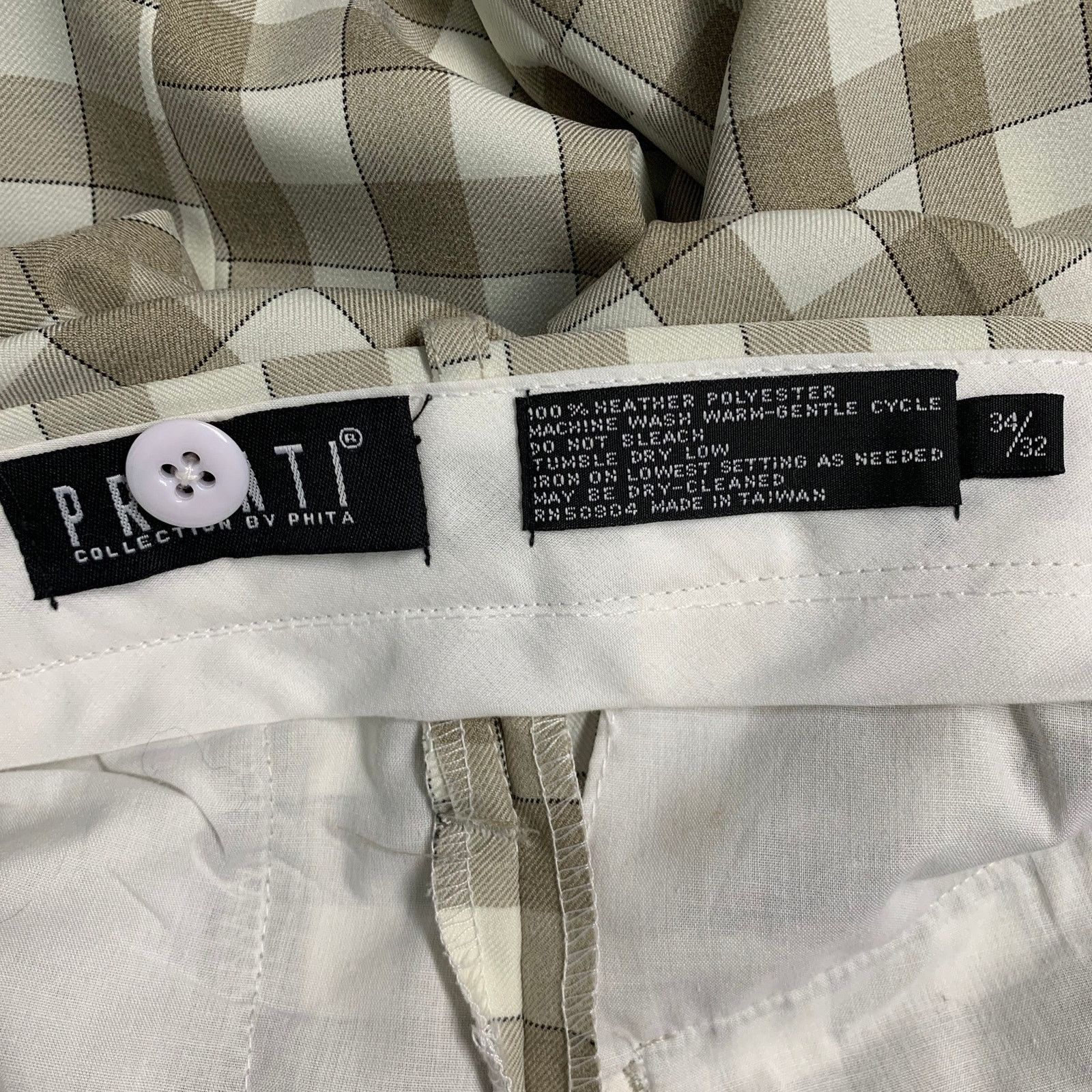 Other Cream Taupe Checkered Polyester Wide Leg Pleated Dress Pants Size US 34 / EU 50 - 3 Thumbnail