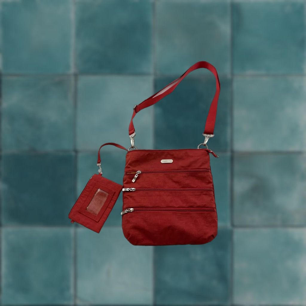Vintage Baggallini Medium Red Nylon Shoulder Bag With Detachable Pouch, Casual, Adjustable Strap, Womens