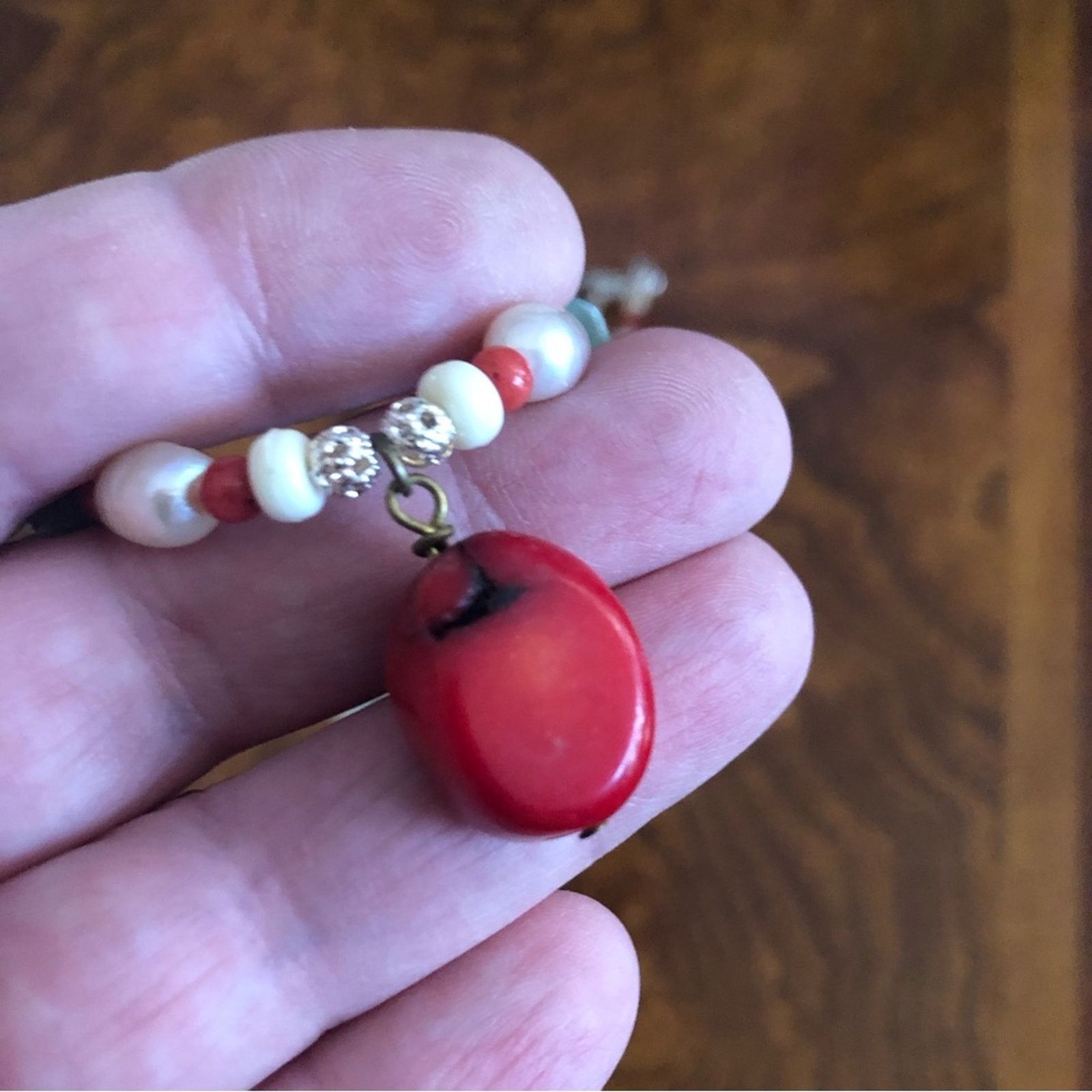 Handmade Handcrafted red coral green chalcedony pearl necklace Size ONE SIZE - 10 Thumbnail