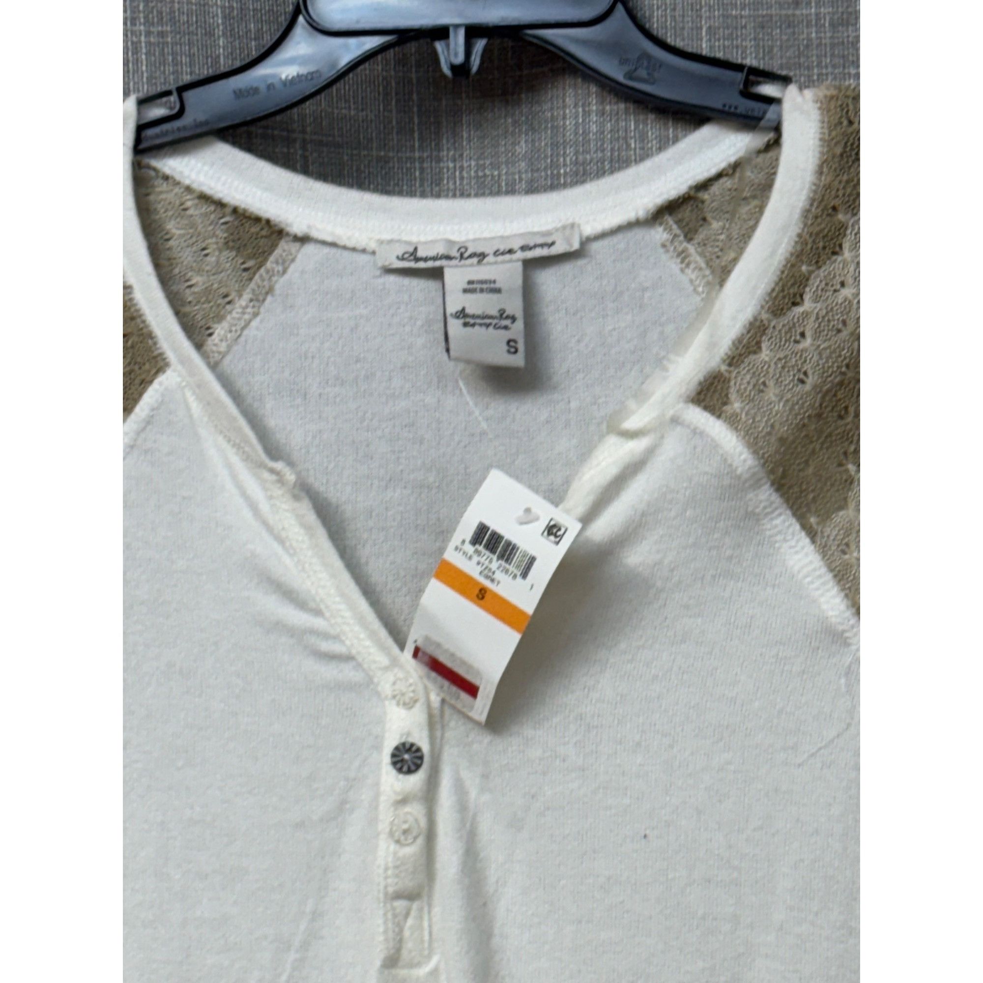 American Rag American Rag Juniors' Crochet-Sleeve Henley Top, Egret/Beig Size S / US 4 / IT 40 - 8 Thumbnail