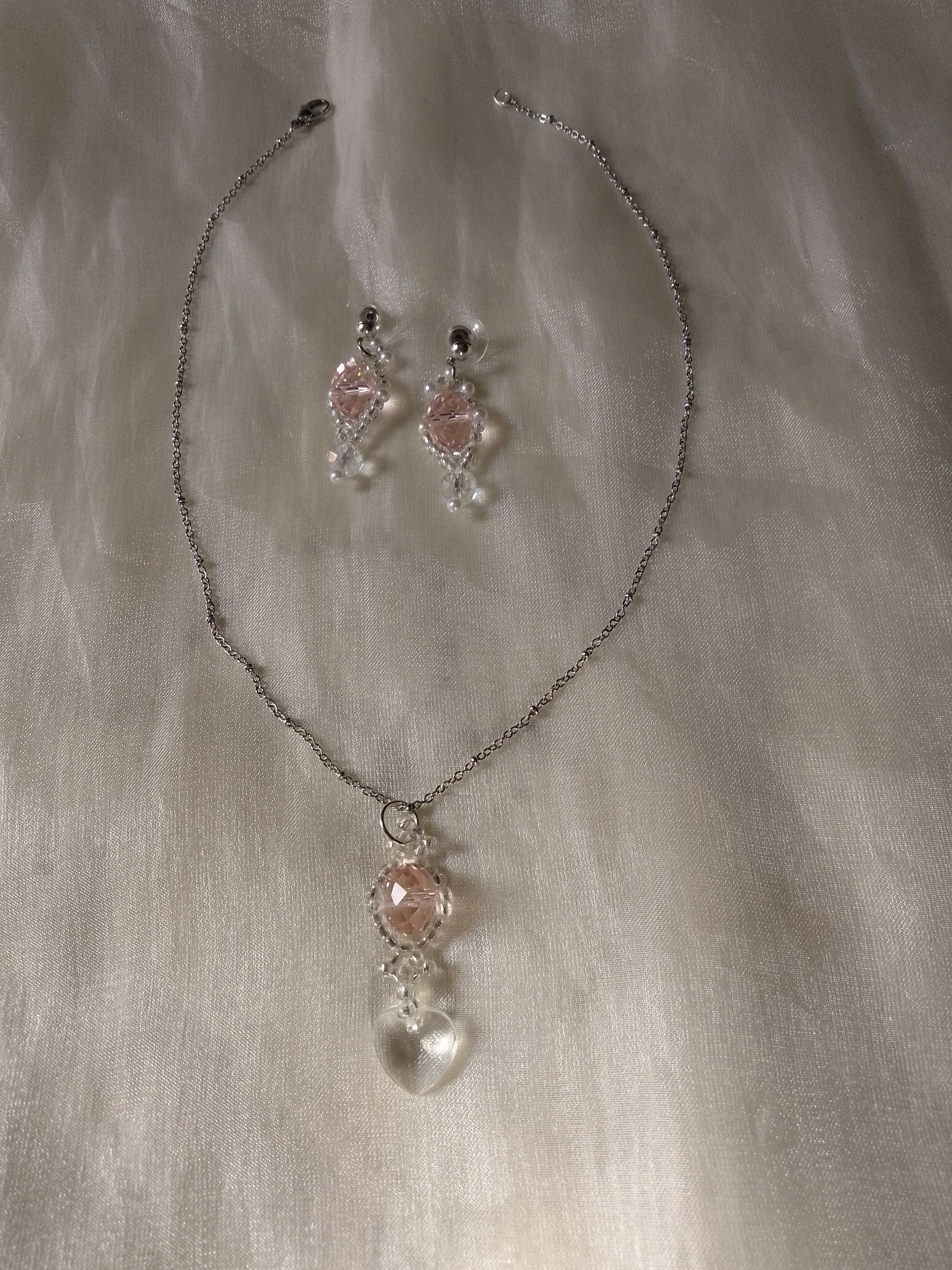Handmade Necklace Earrings Pink Crystal Heart Pendant Swarovski Size ONE SIZE - 4 Thumbnail