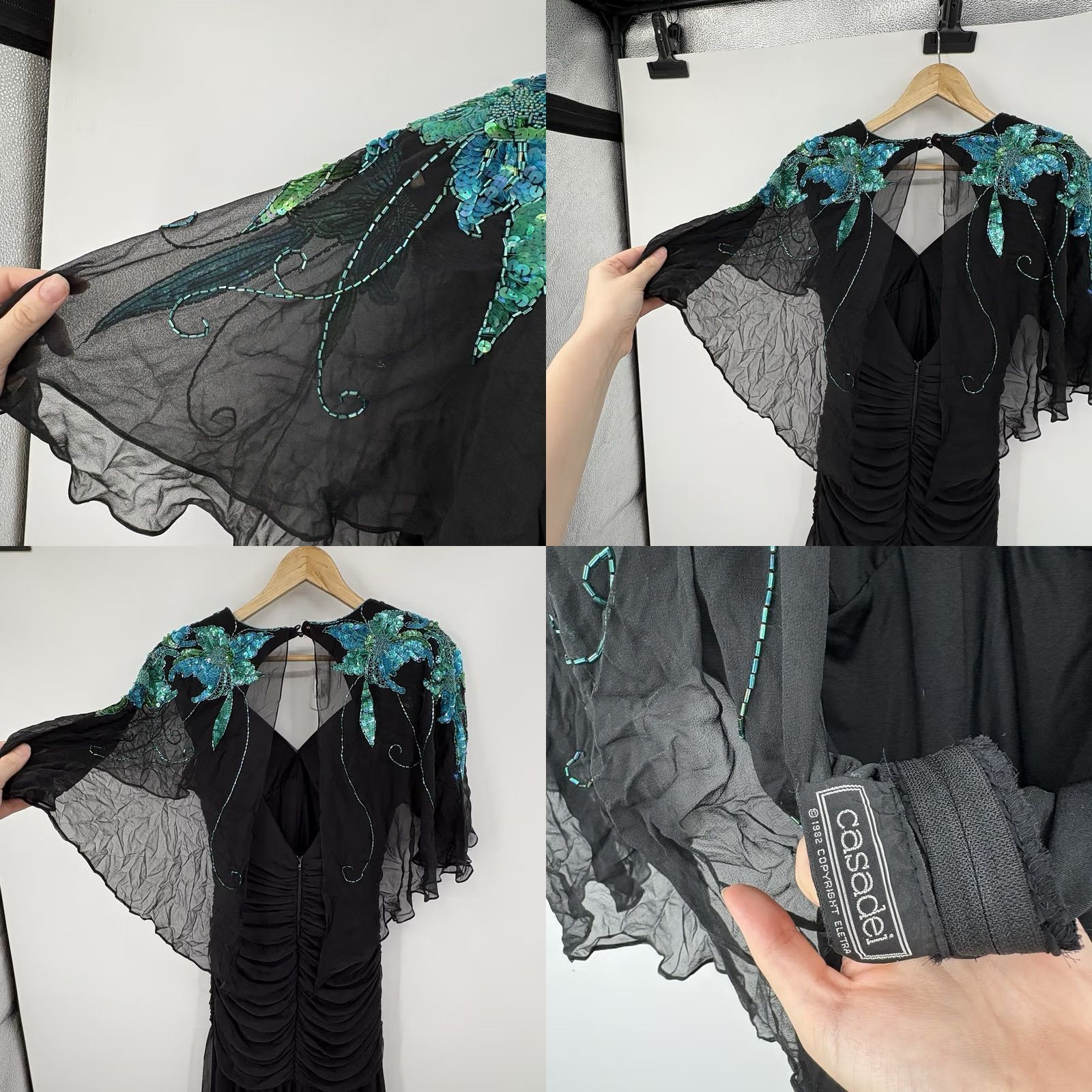 Casadei VINTAGE Casadei Dress Small Cocktail Fairy Grunge Sequin Glam Gala Capelet Draped Dress Black S Women Long Belted Caplet Flutter Sleeves Sequin Size S / US 4 / IT 40 - 8 Thumbnail