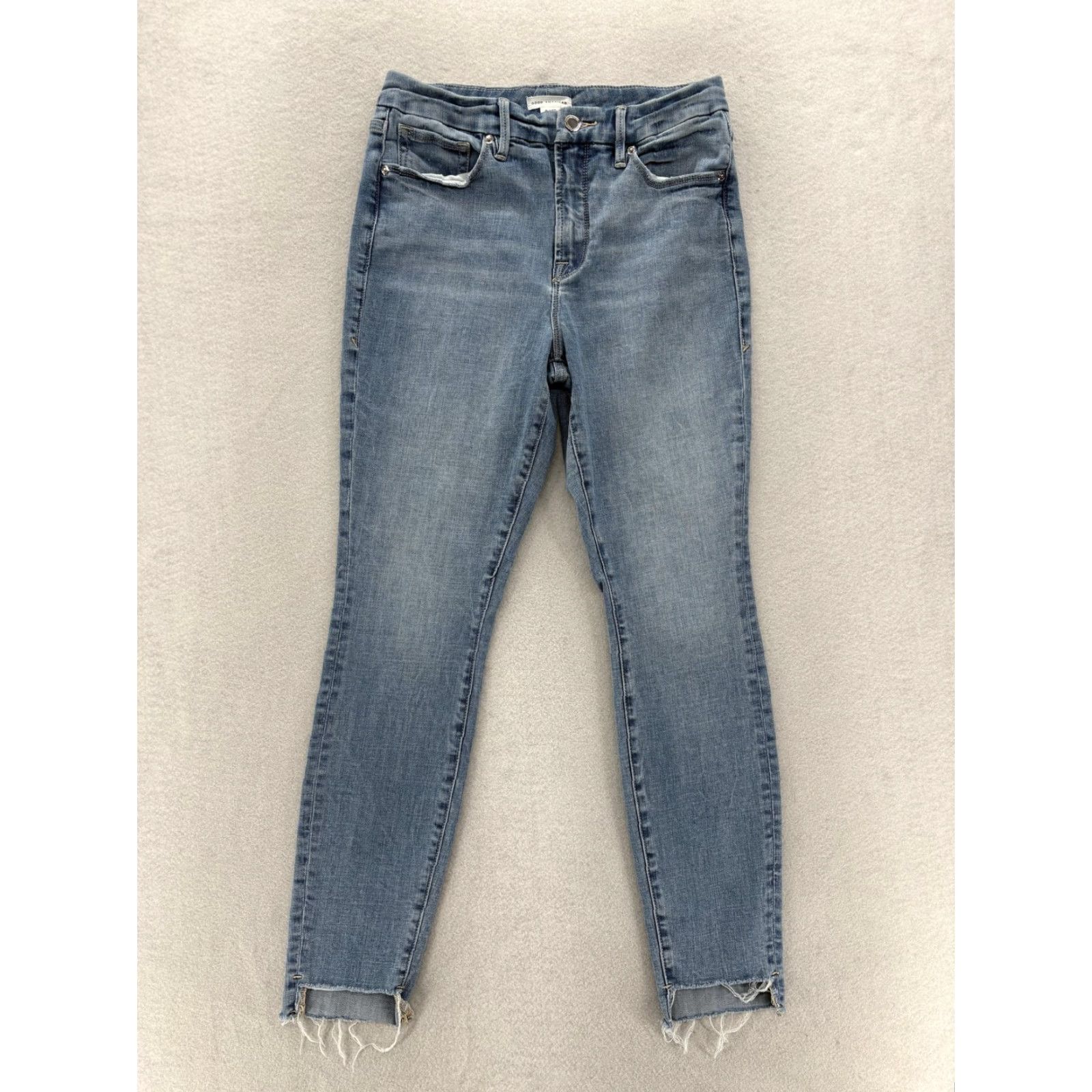 Good American Good American Jeans Womens 8 Skinny Blue Medium Distressed Fringe Hem Rise Mid 8.5-10.5 Inseam 28 Pockets Cotton Blend Denim Zip 5-Pocket Womens Size 30" / US 8 / IT 44 - 2 Thumbnail