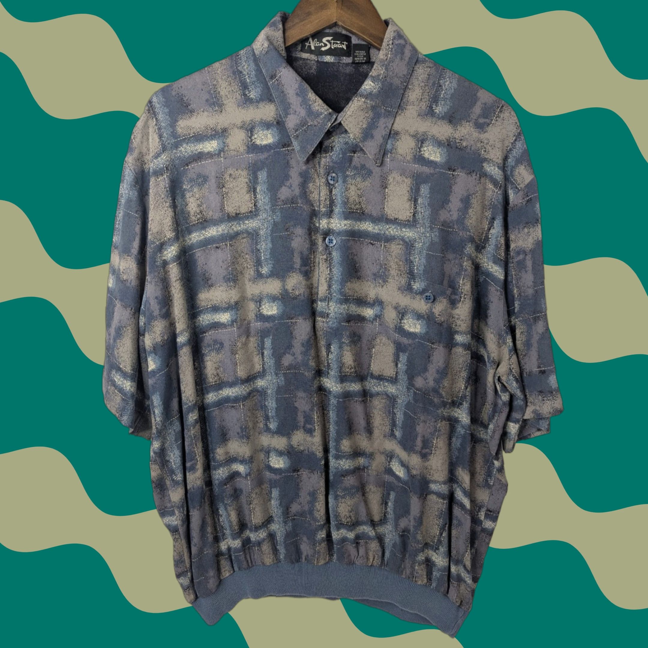 Vintage VINTAGE Alan Stuart Polo Shirt Men XL Gray Blue Rayon Short Sleeve Golf Geometric Pattern Size US XL / EU 56 / 4 - 1 Thumbnail
