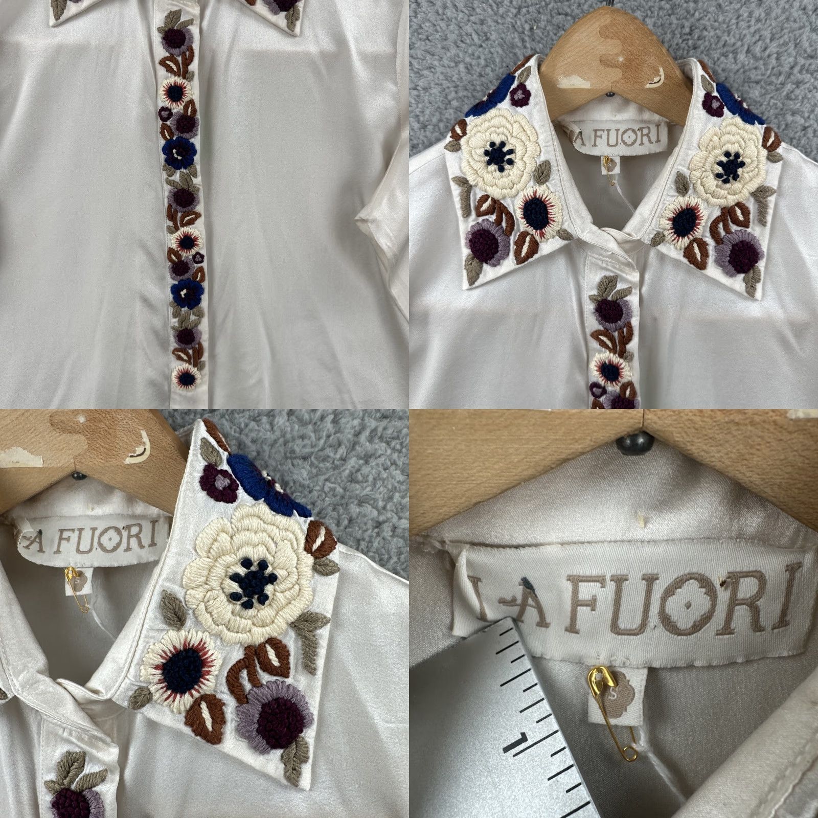 Vintage La Fuori Blouse Shirt Womens S White Silk Sheer Embroidered Collar Flowers NWT Size S Size S / US 4 / IT 40 - 8 Thumbnail