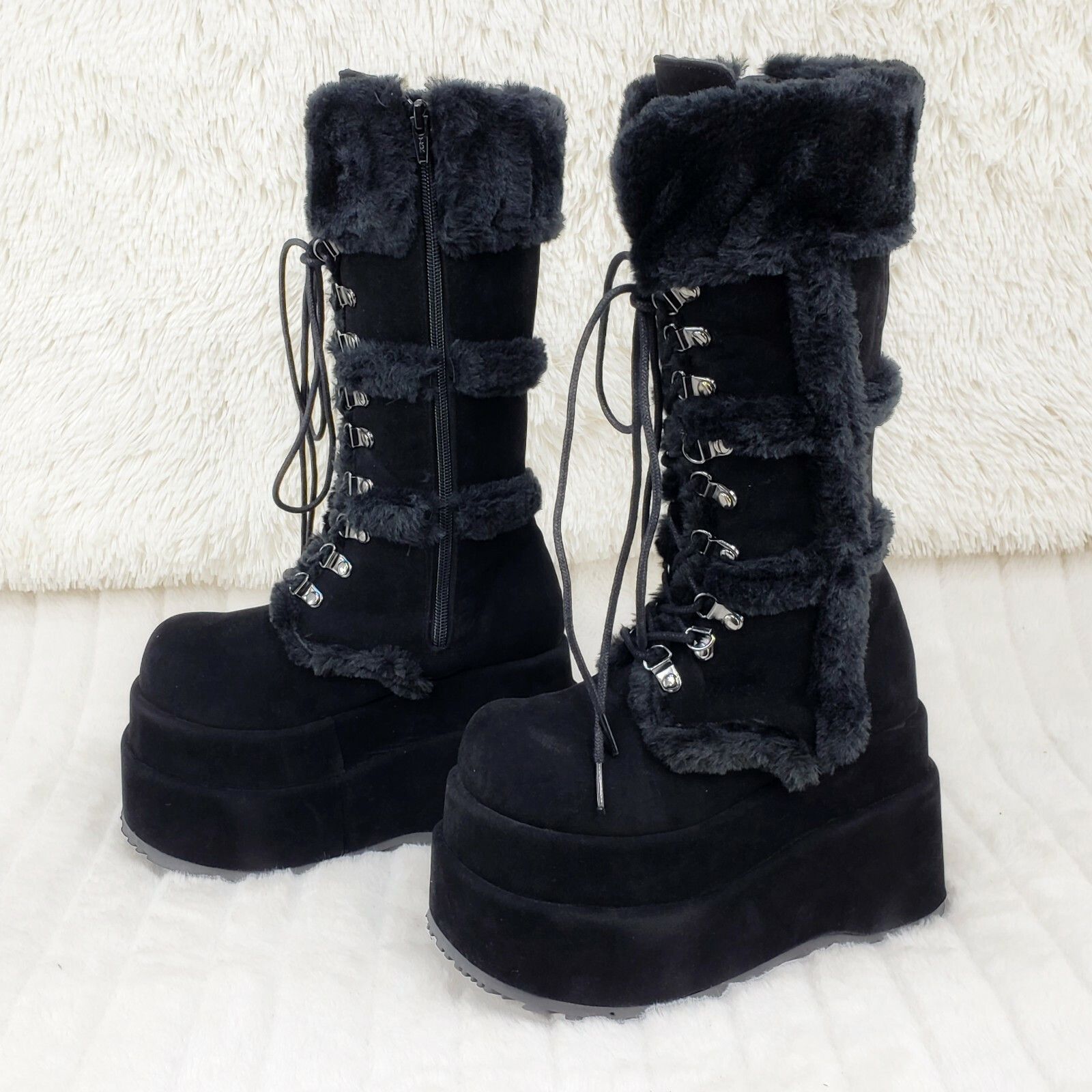 Other Bear 202 Black Faux Fur / Suede Platform Goth Punk Calf Boot Size US 8 / IT 38 - 6 Thumbnail