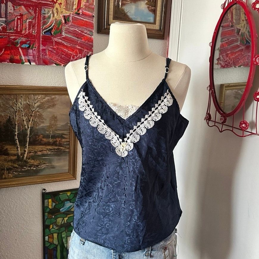 Other live star blue satin white lace tank top Size L / US 10 / IT 46 - 1 Thumbnail