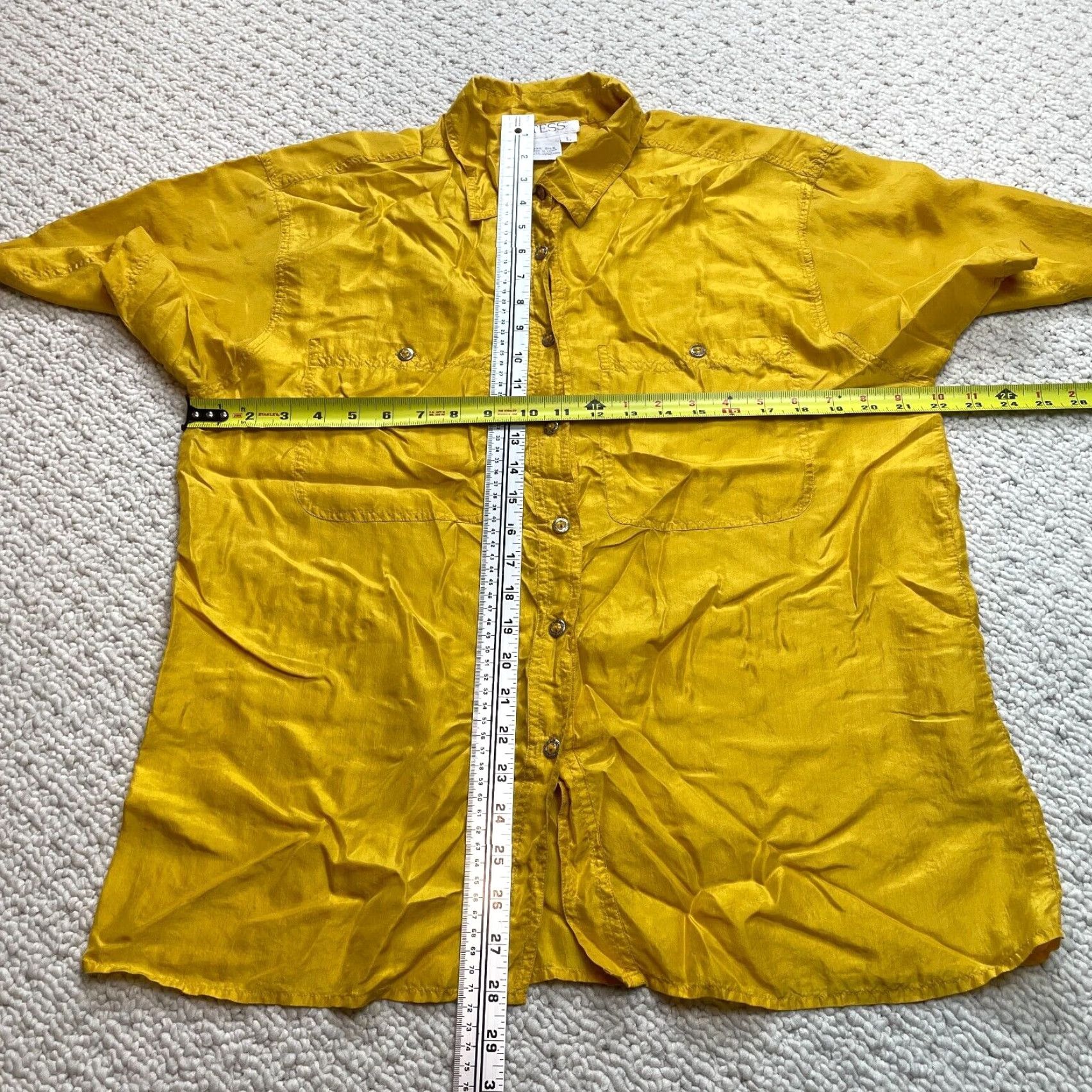 Vintage Tess Silk Button-Up Top Womens Large Yellow Short Sleeve Blouse 100% Silk Casual Business Formal Workwear Size L / US 10 / IT 46 - 5 Thumbnail
