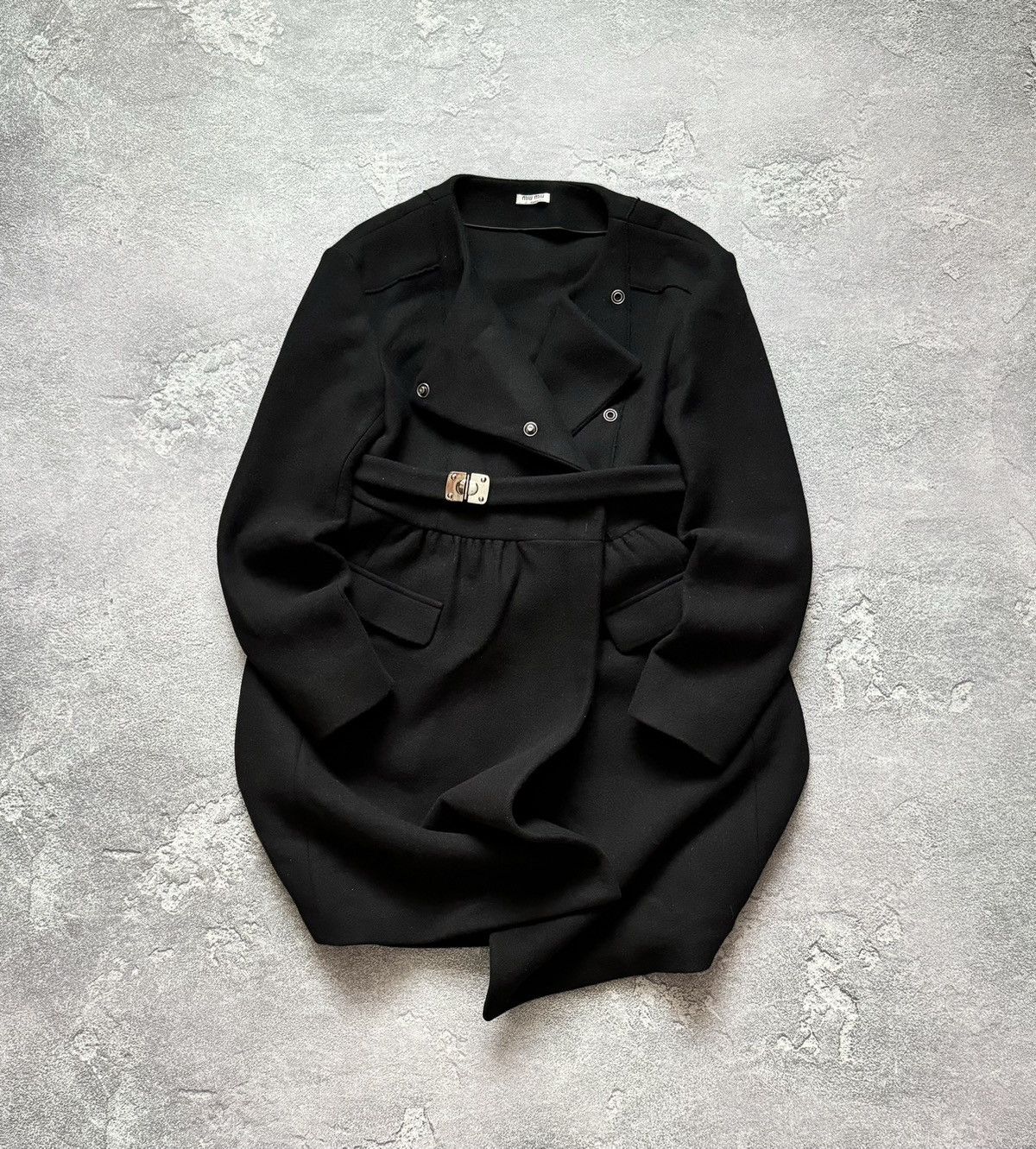 Miu Miu 44 by Prada black wool coat + belt jacket overcoat