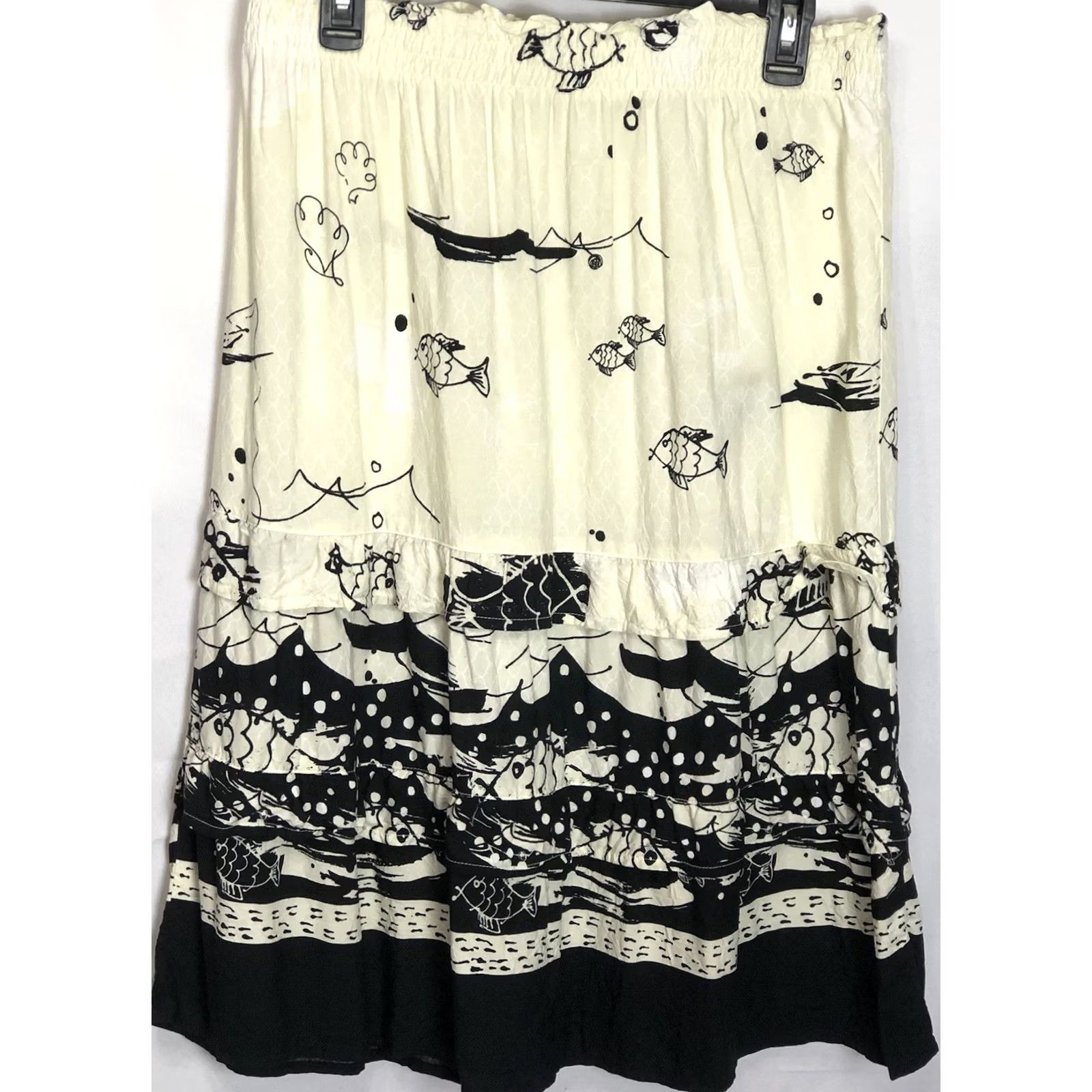 Vintage Line Two Midi Skirt L Ivory Yellow Ruffles Fish Abstract 32"W Artsy Fun Festival Skirt Women Knee Length Adults Fashion - Womens Size 36" / US 14 / IT 50 - 5 Thumbnail