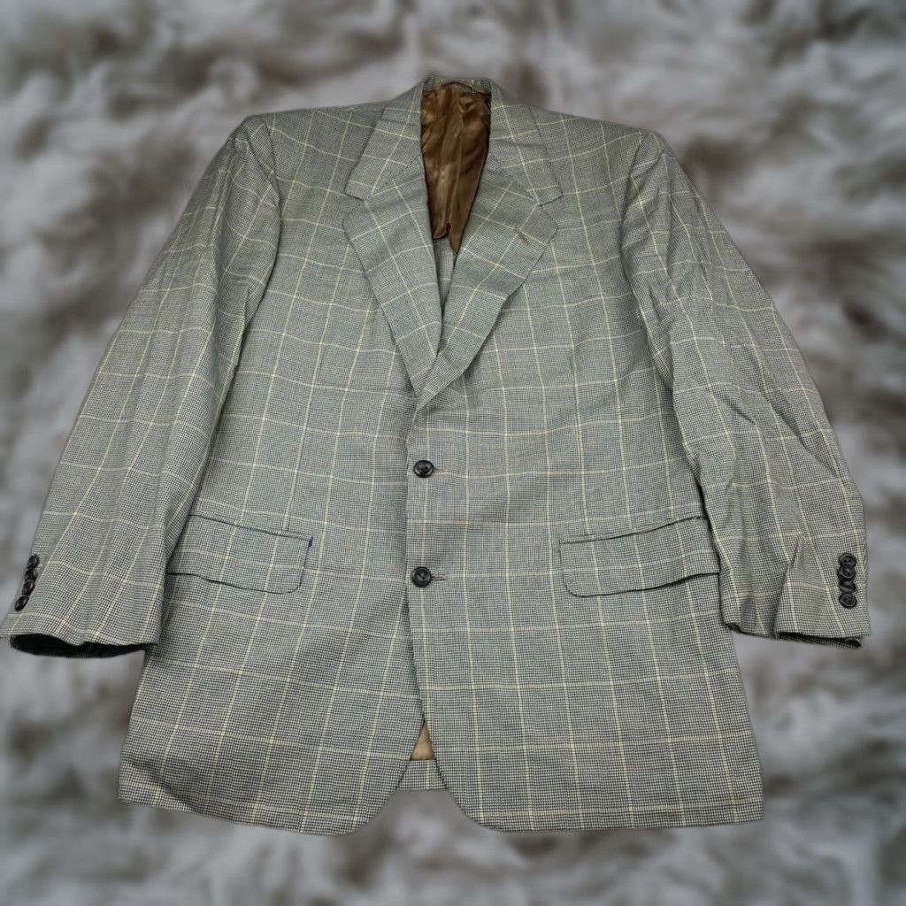 Vintage Oxxford Clothes Men’s Wool 2-Button Blazer Navy/Beige Windowpane Plaid 44R Size 44R - 1 Thumbnail