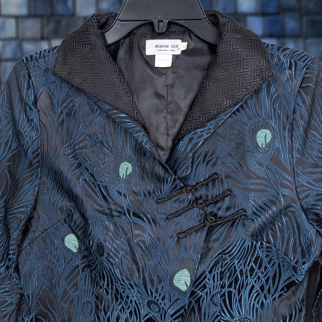 Vintage Dragon Silk Jacket Womens L Blue Peacock Embroidered Silk Toggle Blazer Asia Jacket is not the same. Size L / US 10 / IT 46 - 1 Thumbnail
