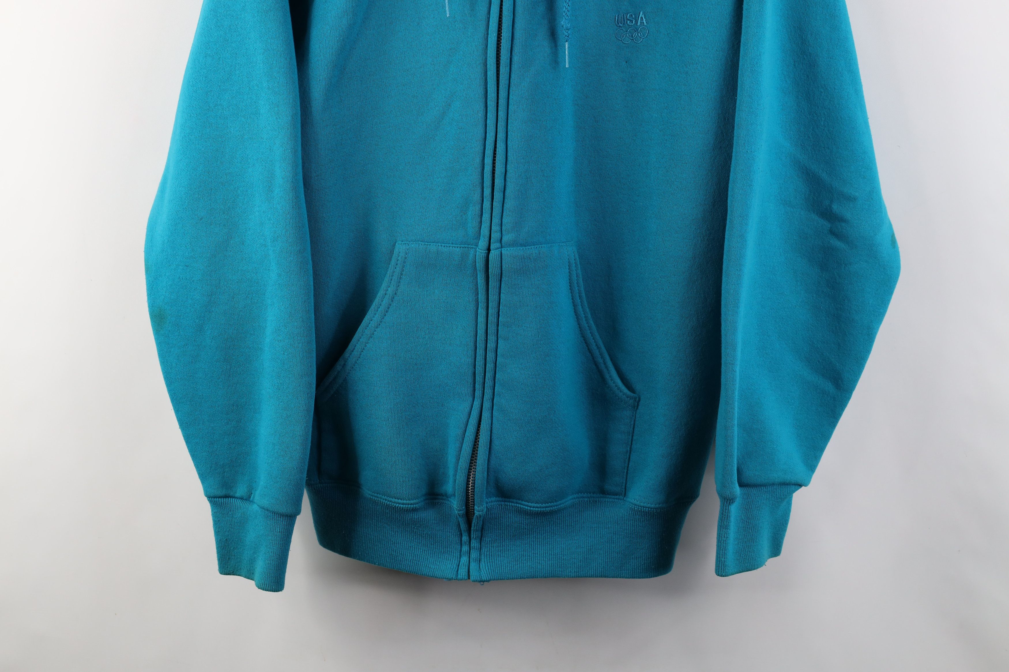 Vintage Vintage 90s USA Olympics Full Zip Hoodie Sweatshirt Teal USA Size US L / EU 52-54 / 3 - 3 Thumbnail