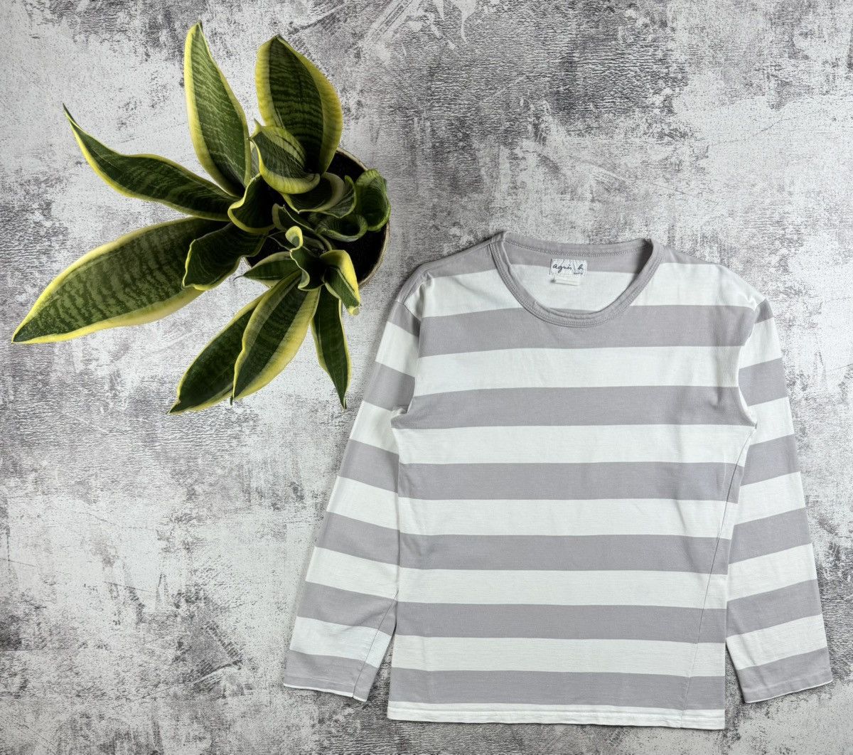 Agnes B Men’s Cotton Striped White Gray Crew Neck LongSleeve T Shirt Sweatshirt