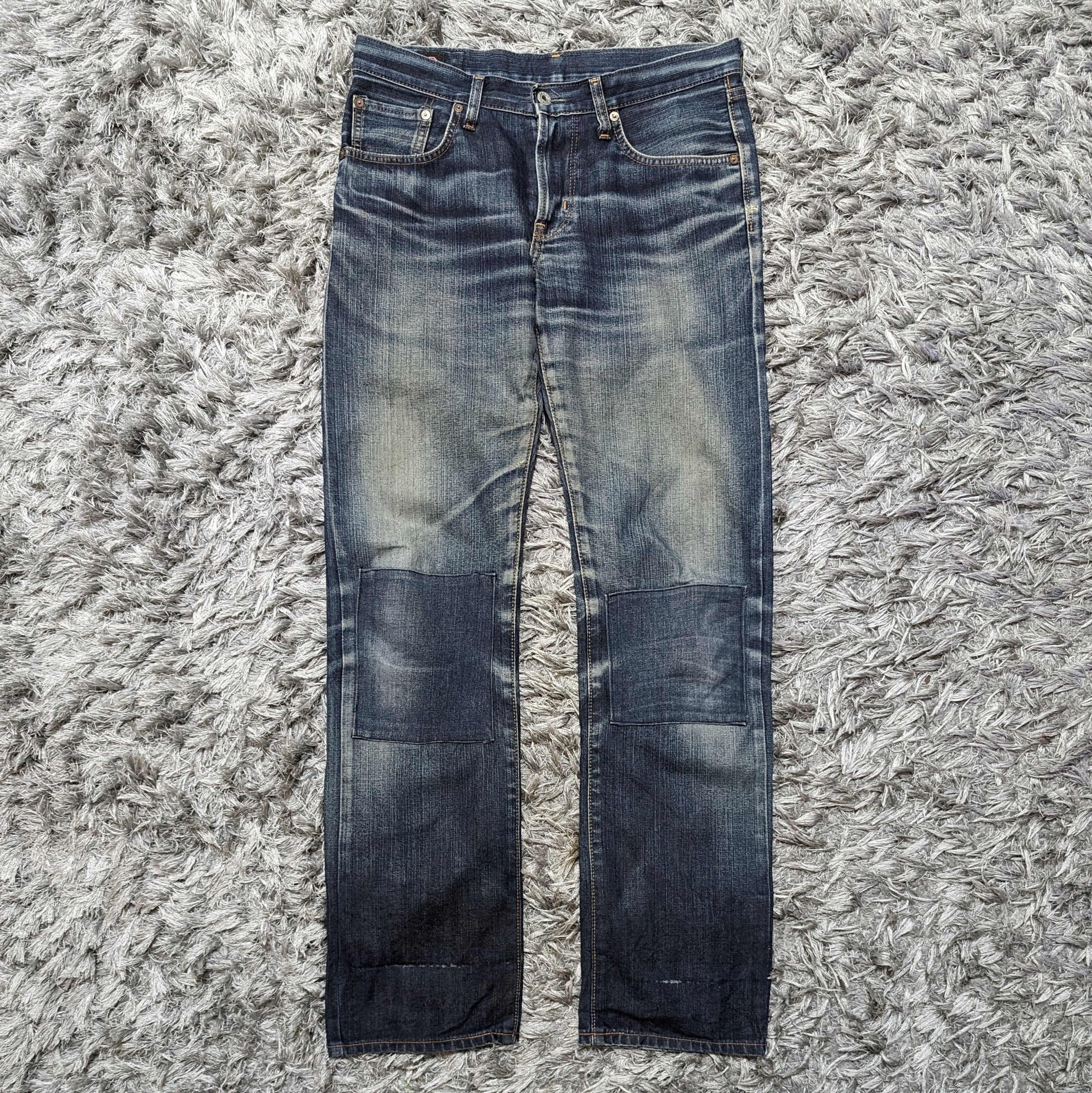 image of Distressed Denim x Edwin Vintage Edwin Wind Stopper Knee Patch Jeans Denim Jeans Pant in Blue Denim