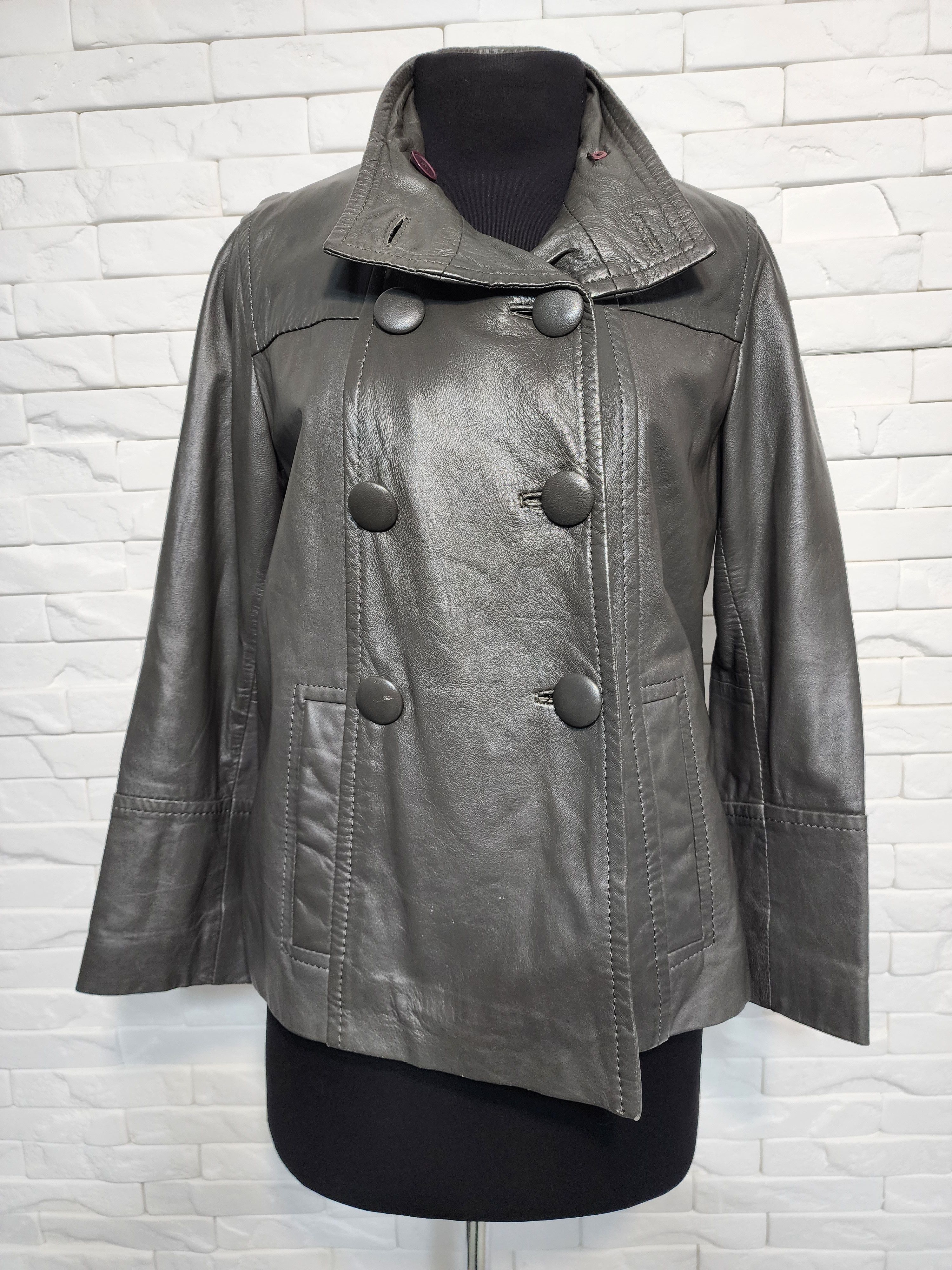 Genuine Leather Gray Leather Jacket: Women's Business Style, Metal Buttons Size L / US 10 / IT 46 - 4 Thumbnail
