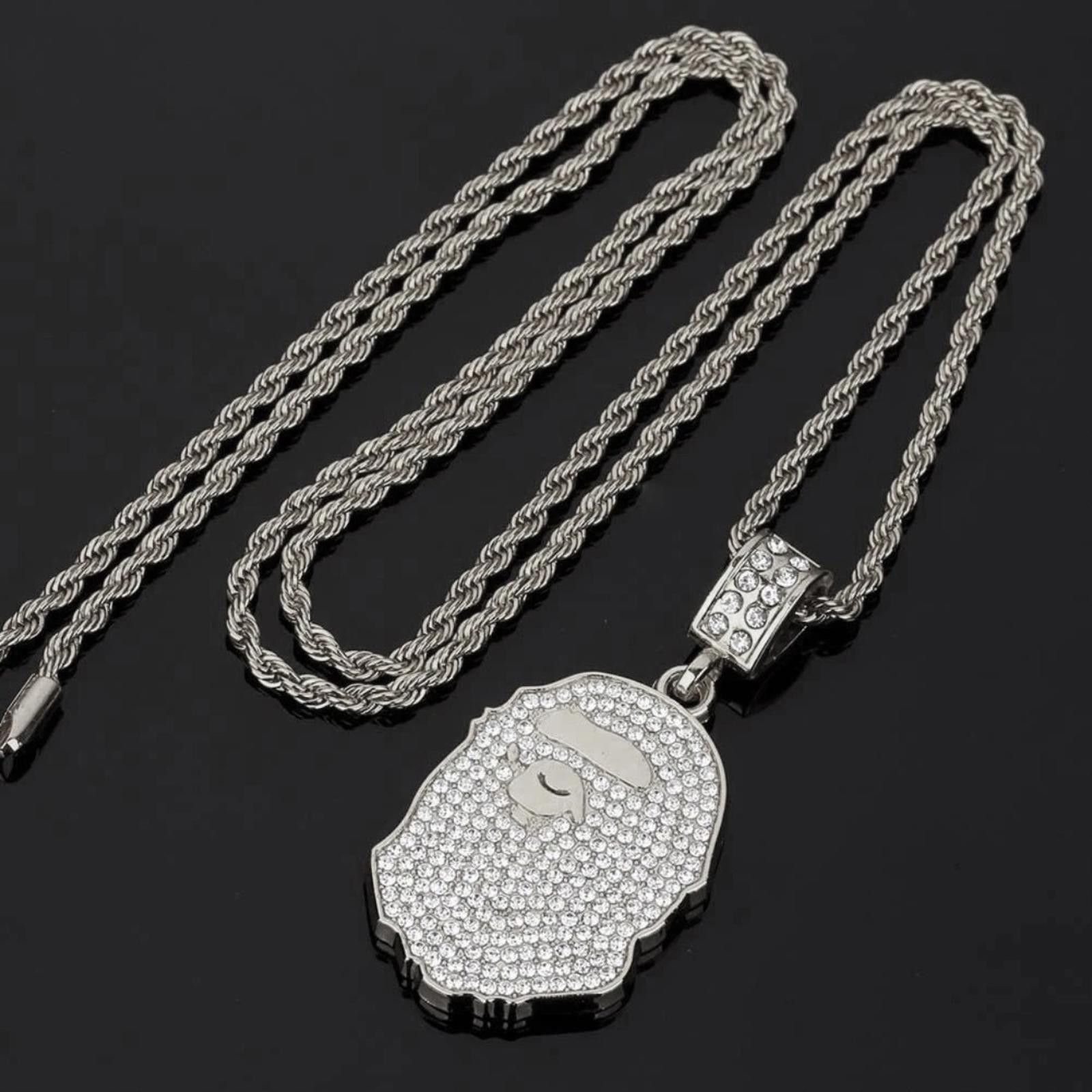 Other Silver Iced Out Ape Head Pendant Necklace w/ Rope Chain Size ONE SIZE - 4 Thumbnail