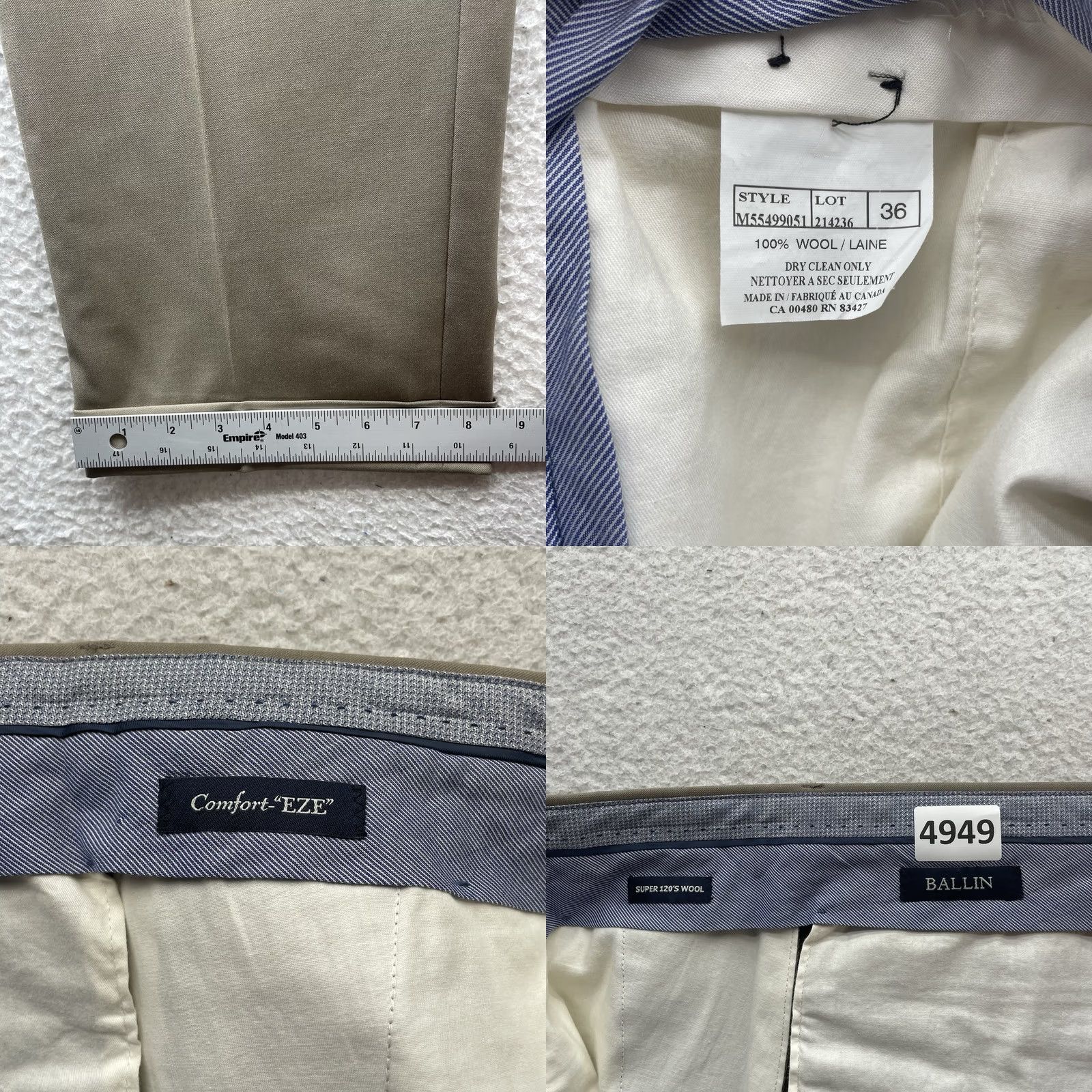 Vintage BALLIN Dress Pants Mens 37x32 Wool Khaki Brown Comfort-EZE Super 120s Size US 37 - 9 Thumbnail