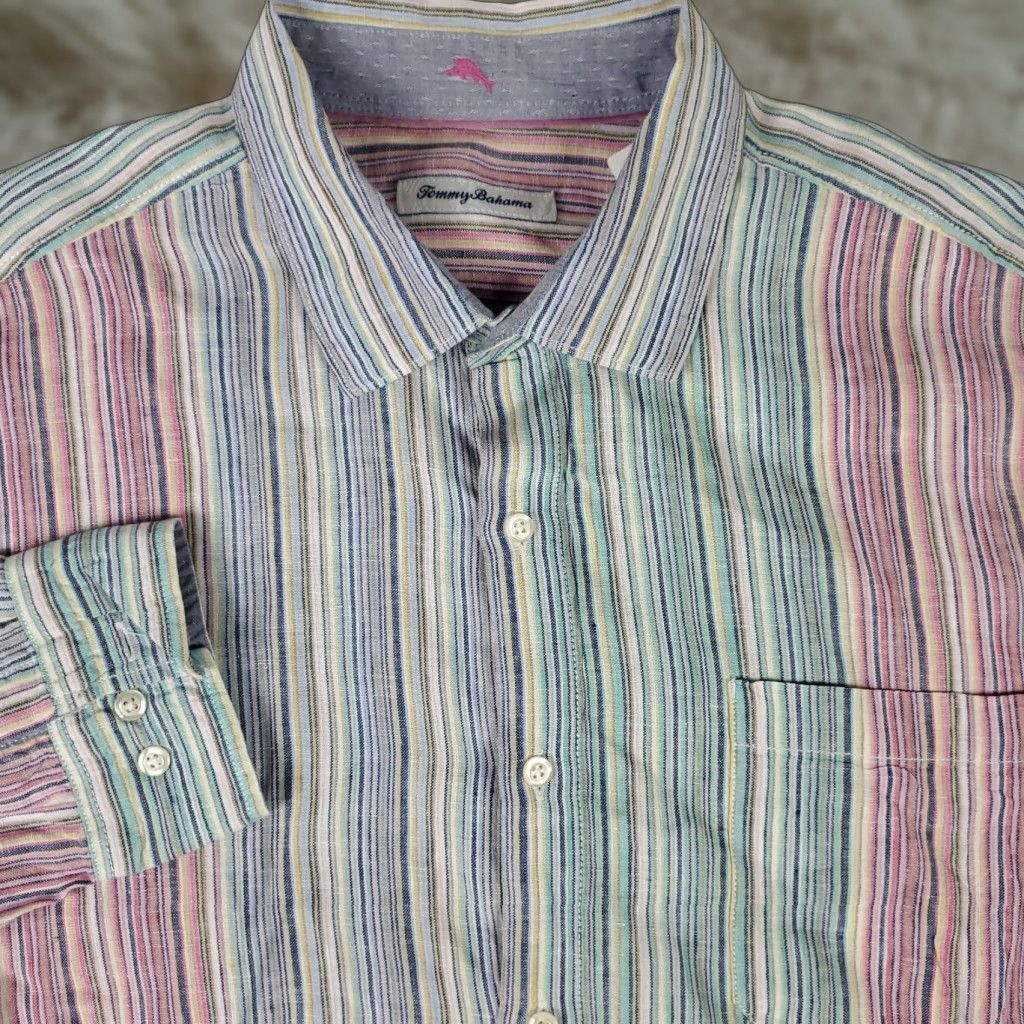 Tommy Bahama VINTAGE Tommy Bahama Shirt Mens XL Green Pink Striped Linen Button Up Long Sleeve Size US XL / EU 56 / 4 - 1 Thumbnail