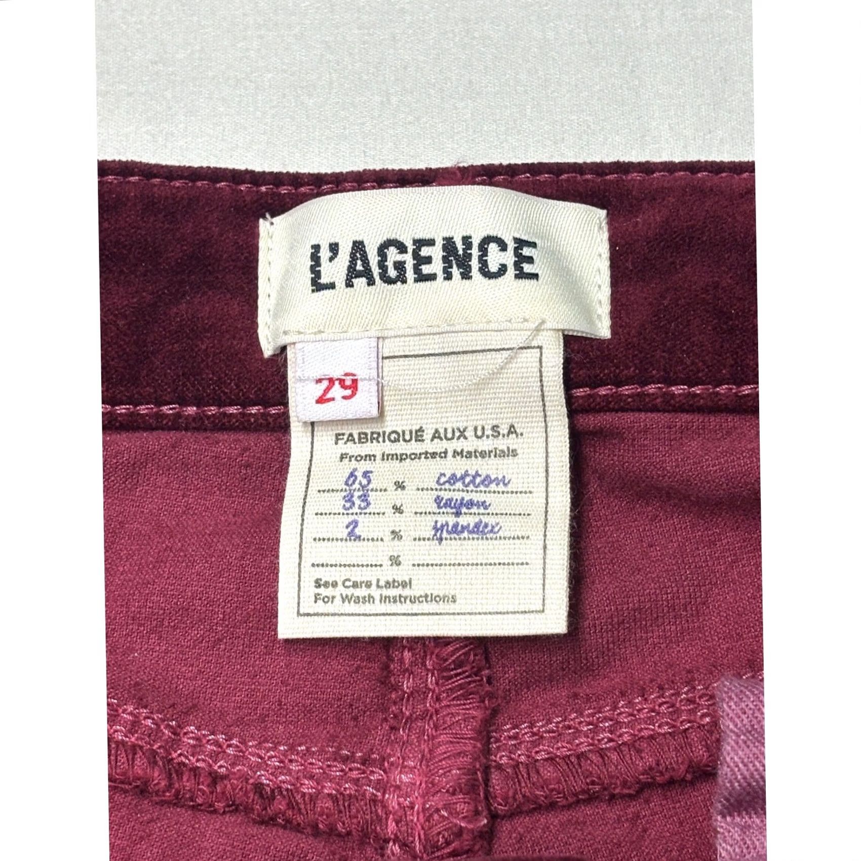 L'AGENCE L'AGENCE Jyothi High Rise Velvet Pants Black Cherry Burgundy Size 29X30 Womens Size 29" - 3 Thumbnail
