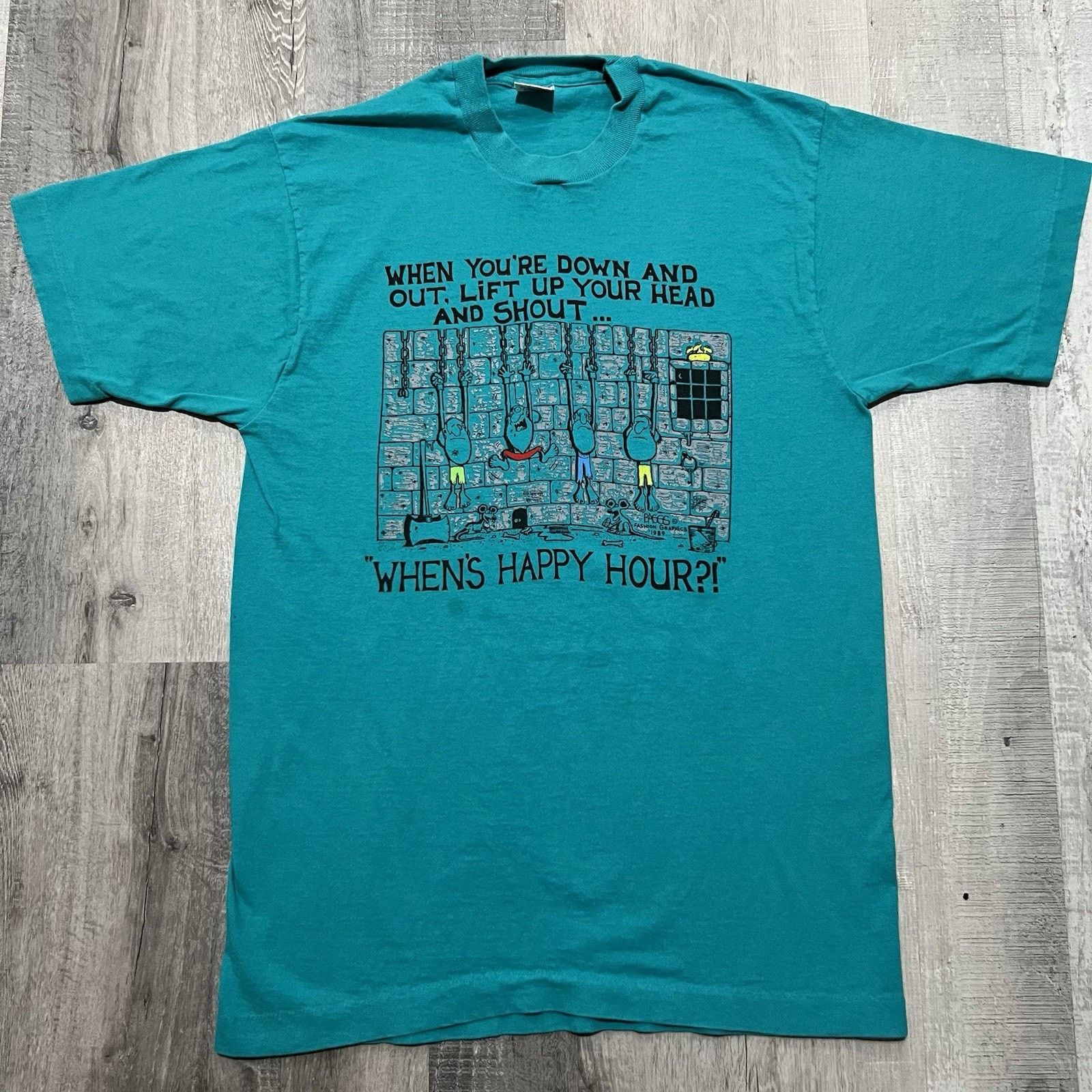 Fruit Of The Loom VTG When's Happy Hour! Jail House Down And Out Blue Bar Tee Size US L / EU 52-54 / 3 - 1 Thumbnail