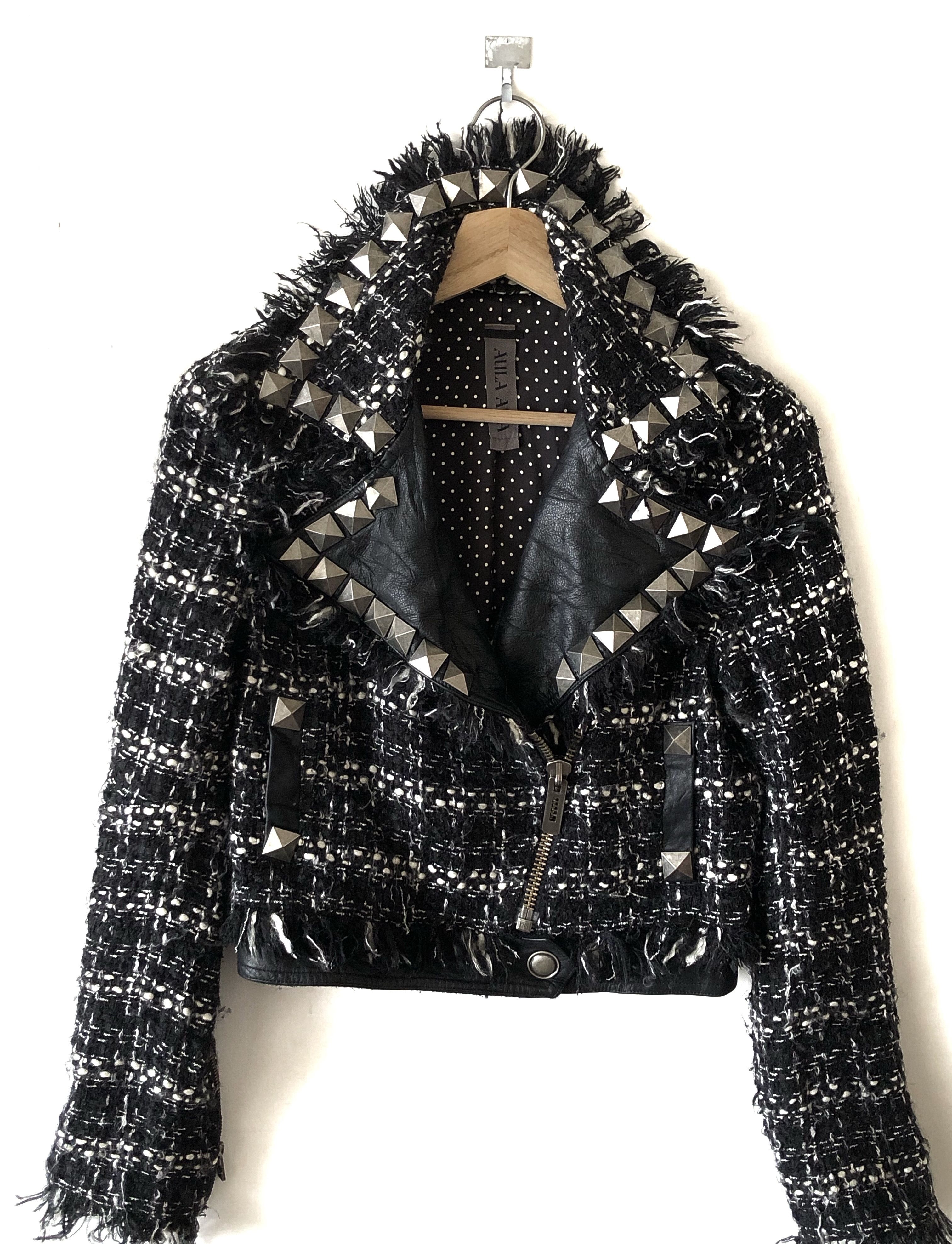 Japanese Brand RARE🔥JAPAN AULA AILA COW LEATHER TWEED STUDS DOUBLE COLLAR Size XS / US 0-2 / IT 36-38 - 4 Thumbnail