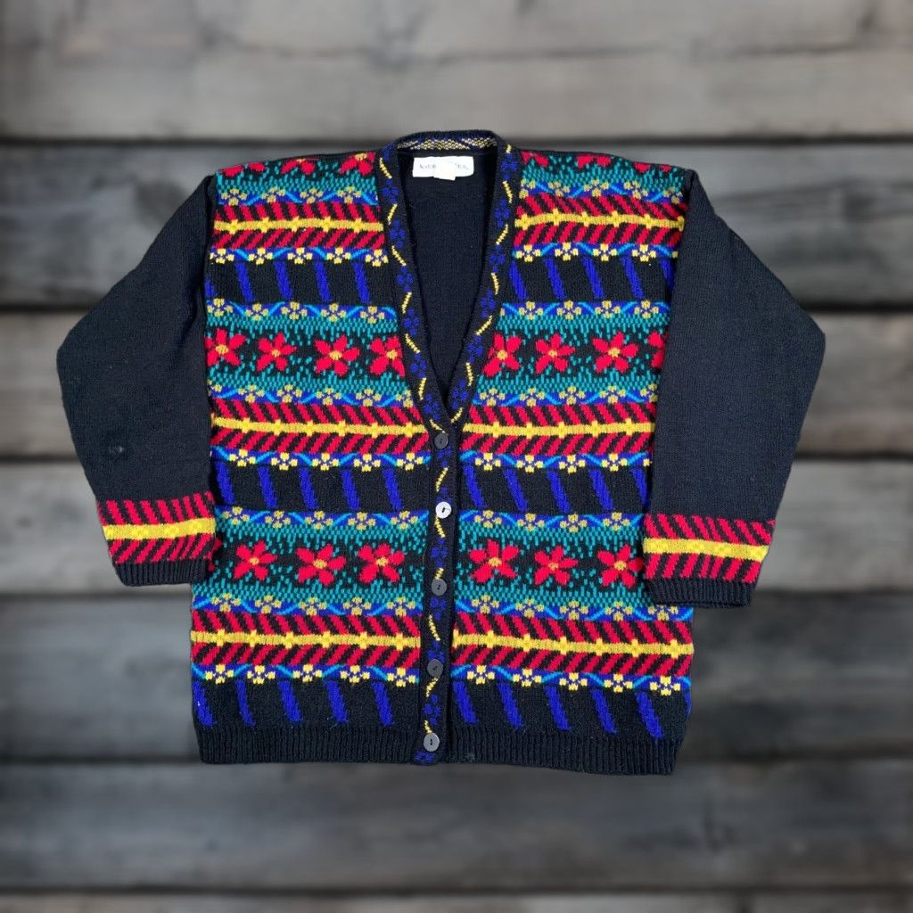 Vintage Vintage Women's Large Black Floral Geometric Knit Cardigan 90s Retro Fall Spring Winter Size L / US 10 / IT 46 - 1 Thumbnail