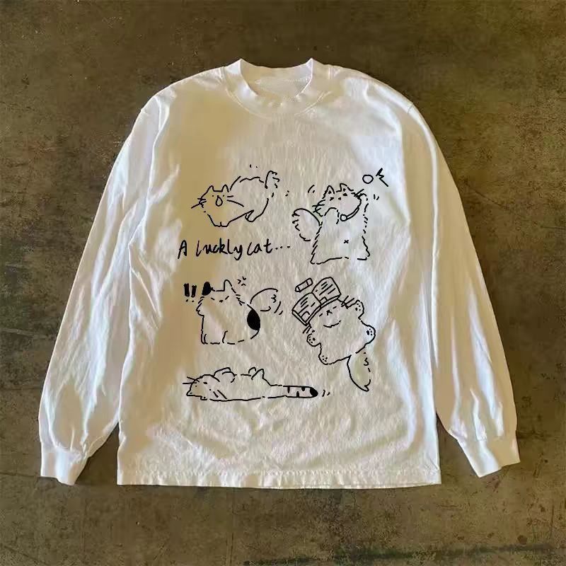 Vintage White casual retro cartoon cat print long-sleeved t-shirt Size US M / EU 48-50 / 2 - 1 Thumbnail