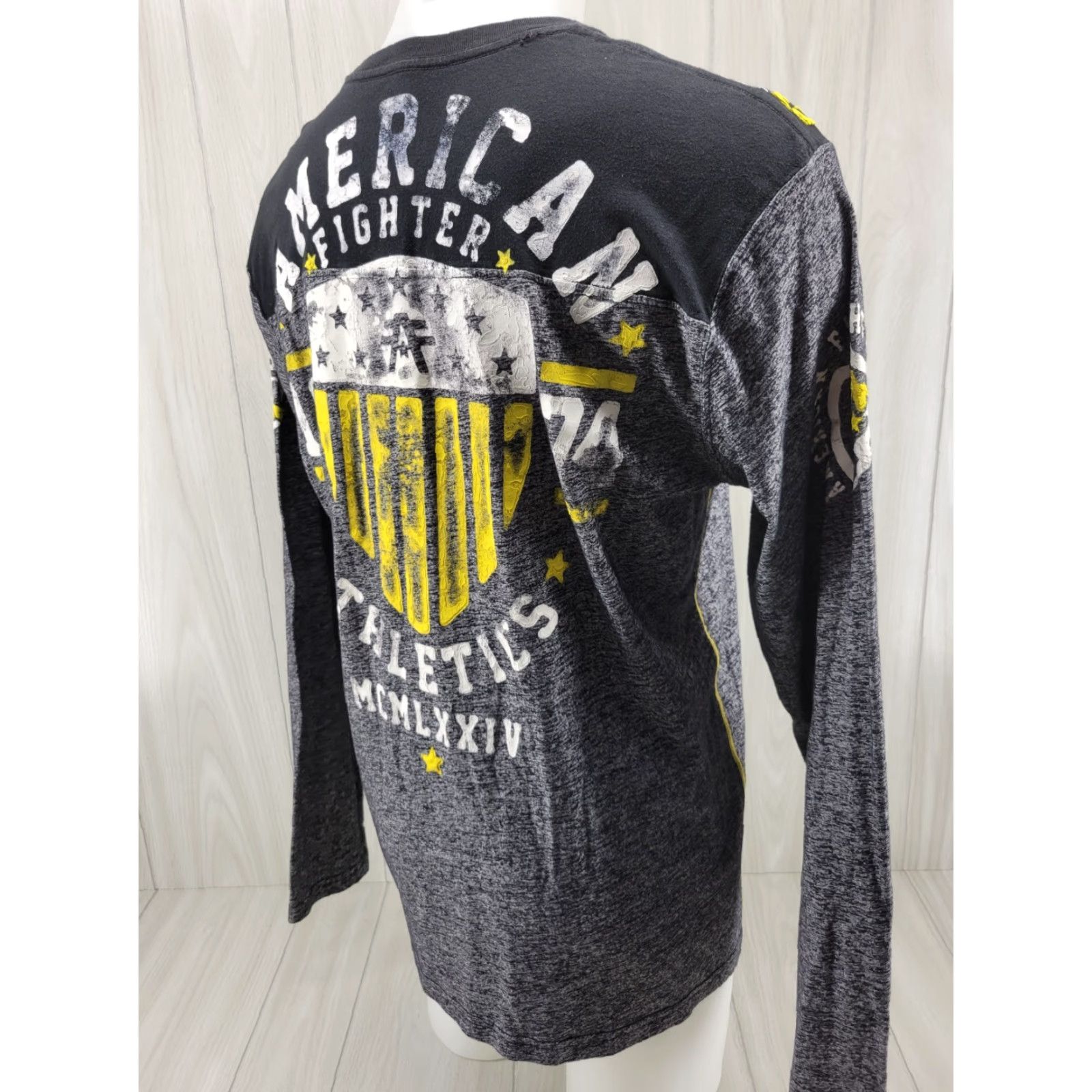Vintage American Fighter Shirt Long Sleeve Mens XL Gray Yellow MMA Y2kXS? Size US XL / EU 56 / 4 - 6 Thumbnail