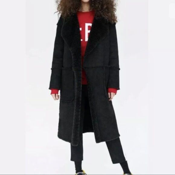 Zara Zara Black REVERSIBLE LONG COAT Faux Suede/Sherling Size L / US 10 / IT 46 - 3 Thumbnail